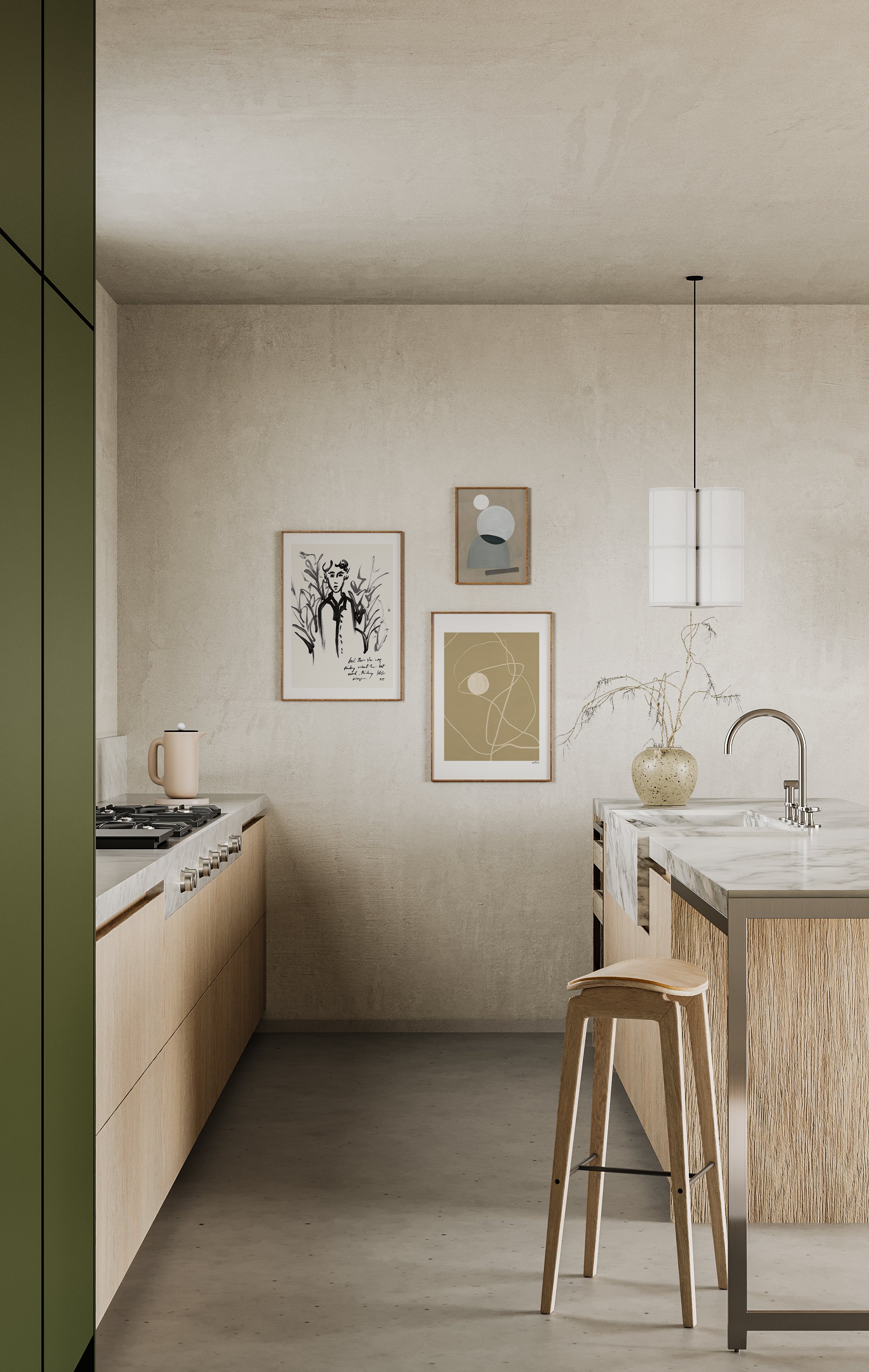 a minimal kitchen with beauitful artwork on the wall