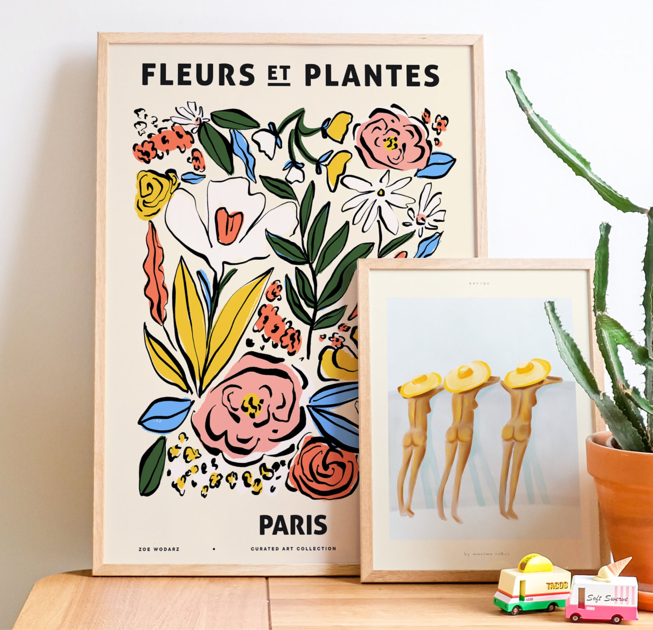 brightly coloured art print of flowers and plants