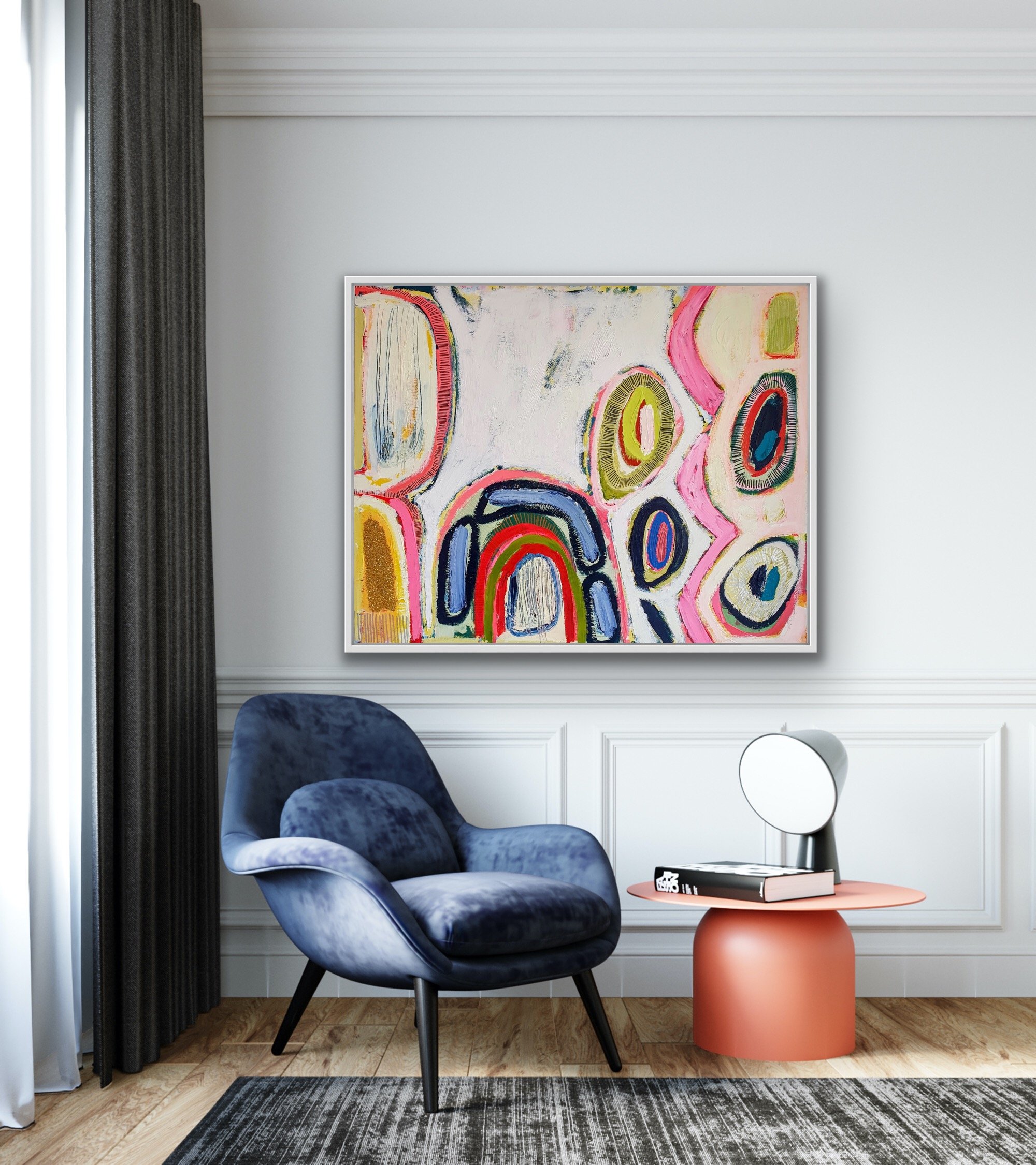 Large colourful abstract painting with armchair and table