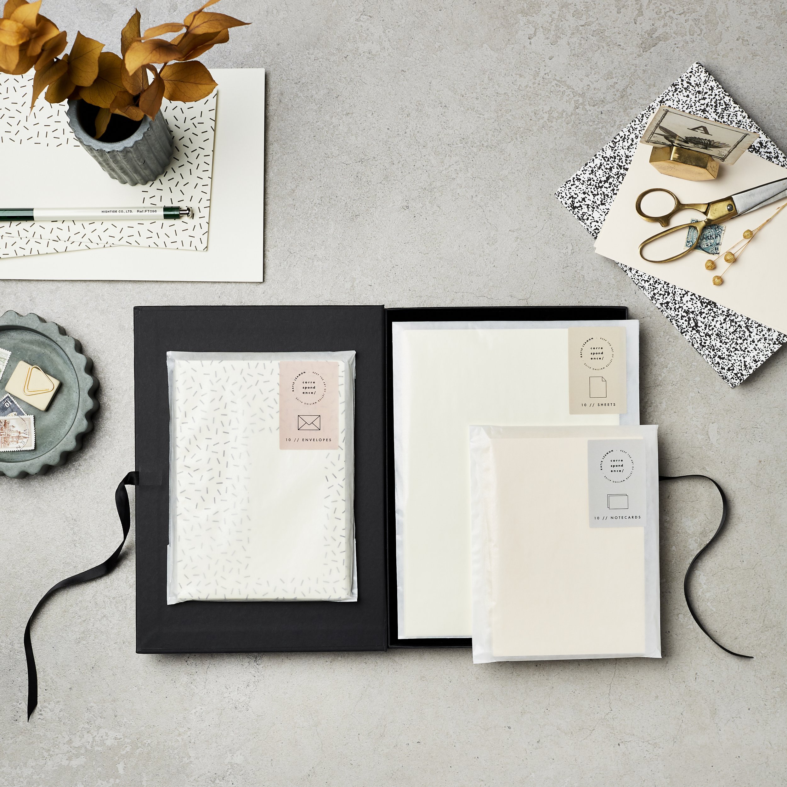 Beautifully packaged stationery on a tabletop