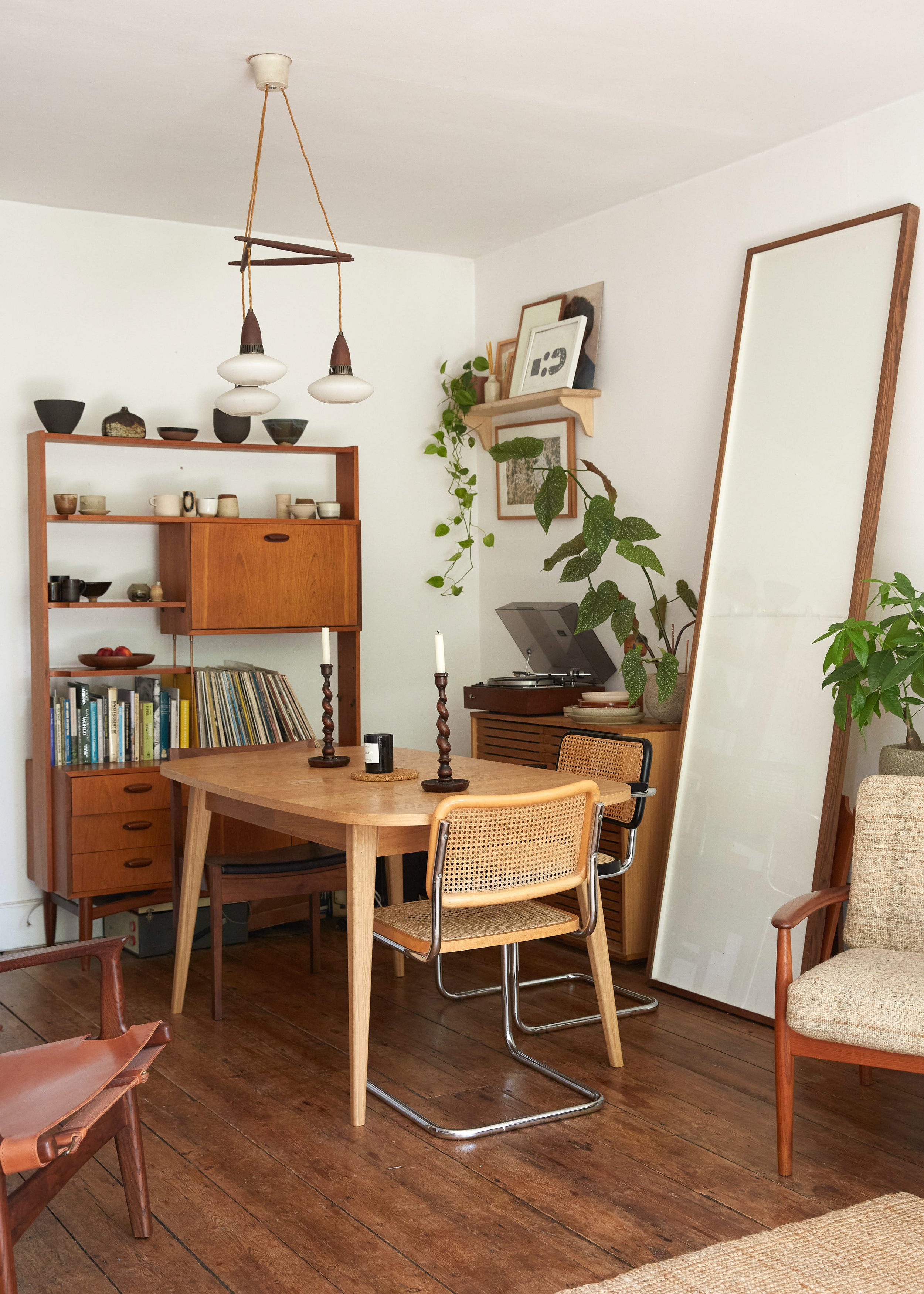 Mid century modern style dining area, with vintage and handmade objects