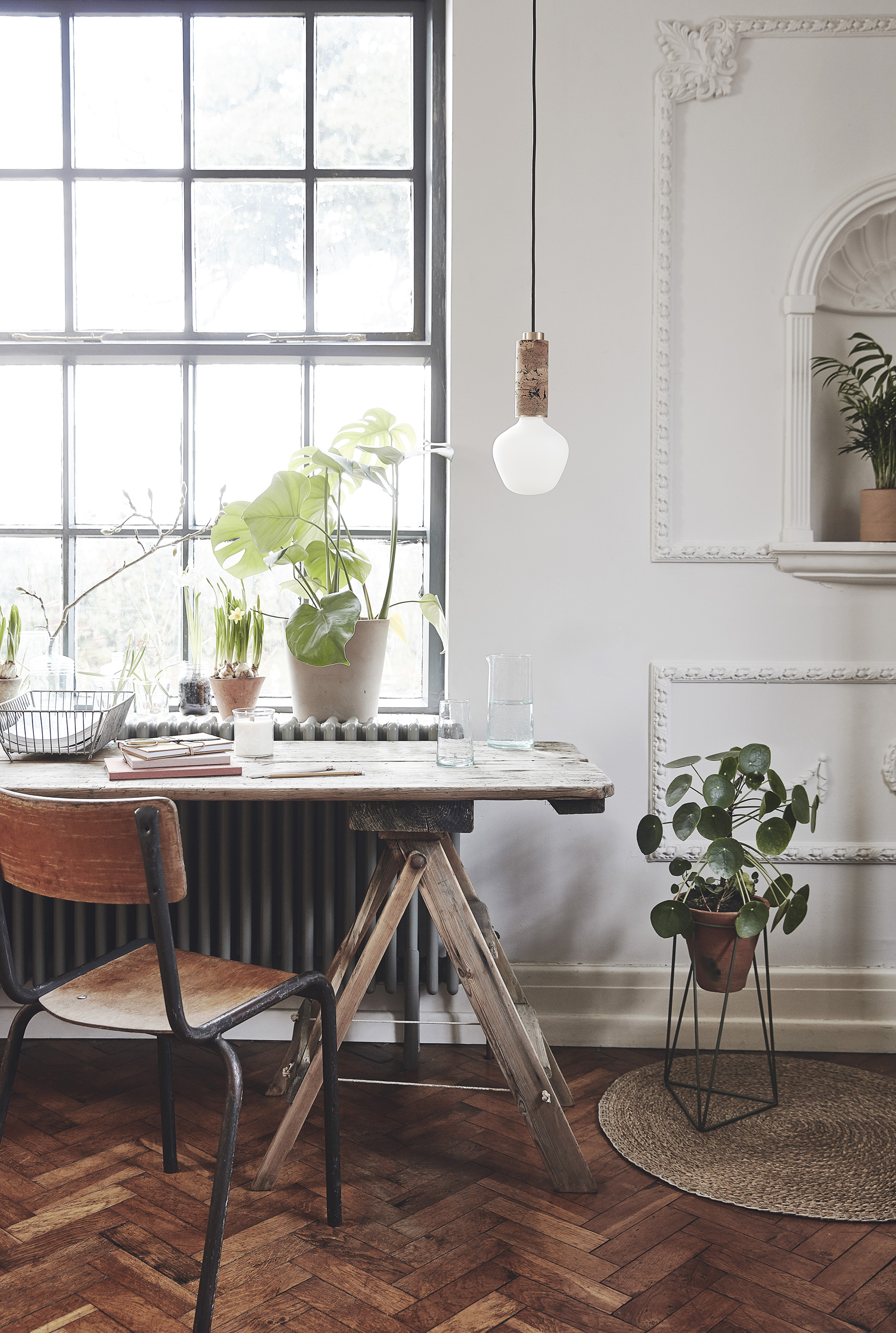 Cork lighting – Nove Lighting; Organic cotton stationary – Folk Interiors; Drinking glass and carafe – Form Lifestyle; Terracotta planter on stand – Object Style; Reclaimed wire tray and vintage terracotta pots on windowsill – The Old Potato Store