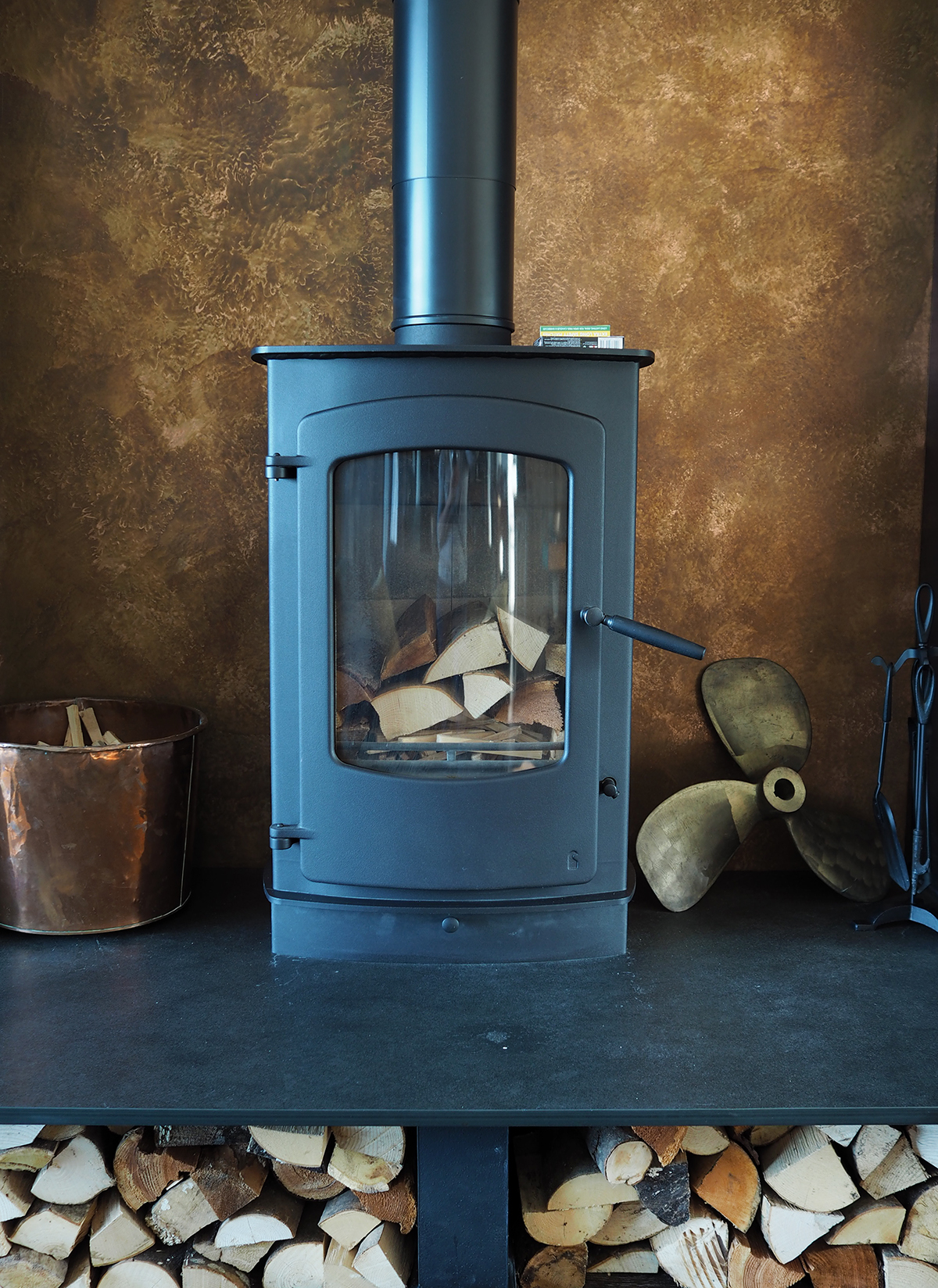 copper cladding and woodburner