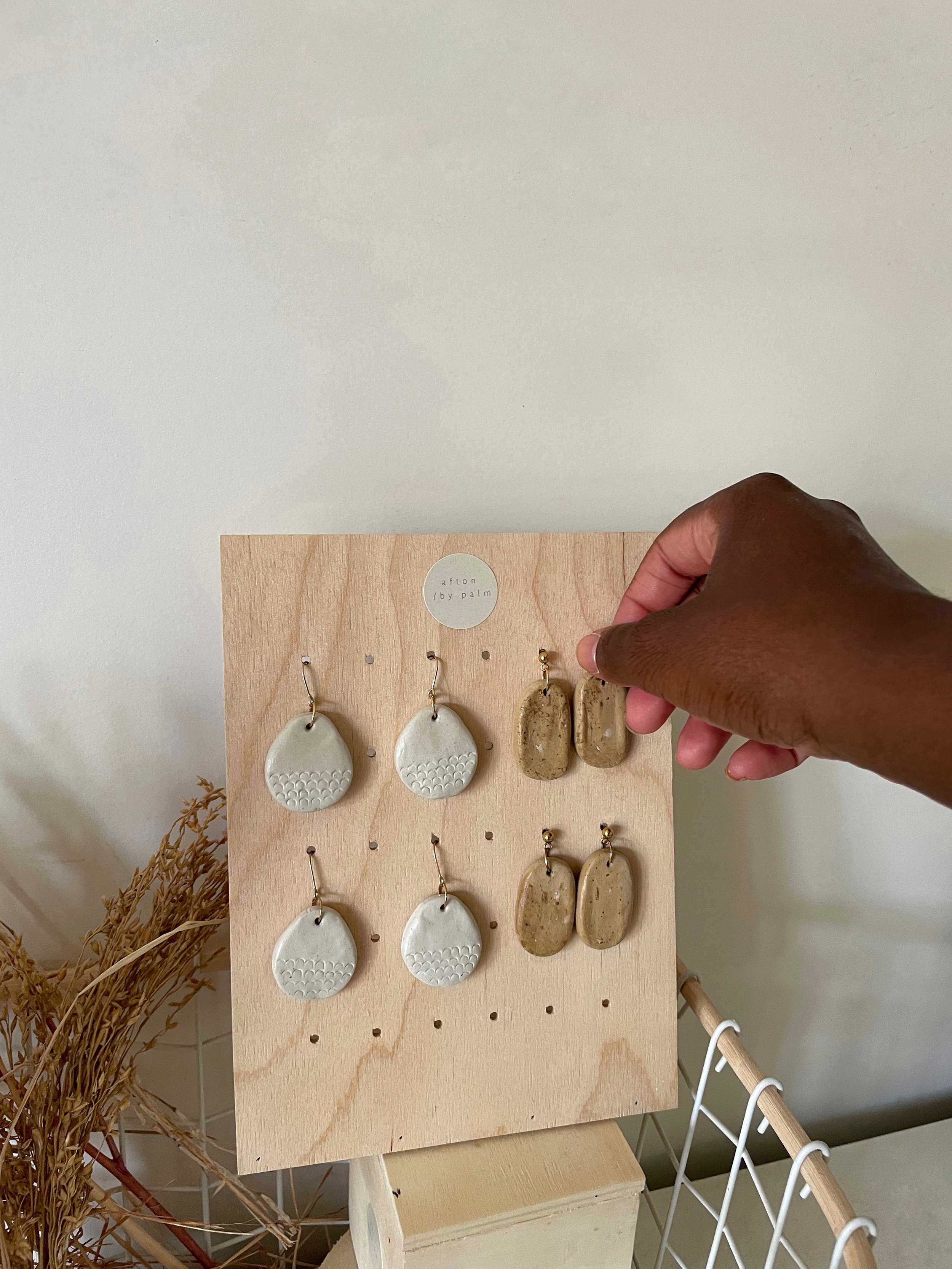 Clay minimal earrings by Afton by Palm in the maker's Buckinghamshire studio