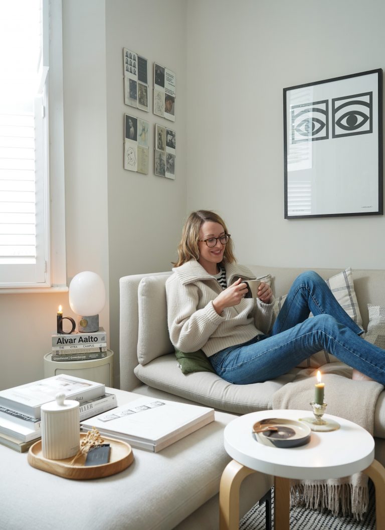 Interior stylist Cate St Hill inside her minimal neutral living room