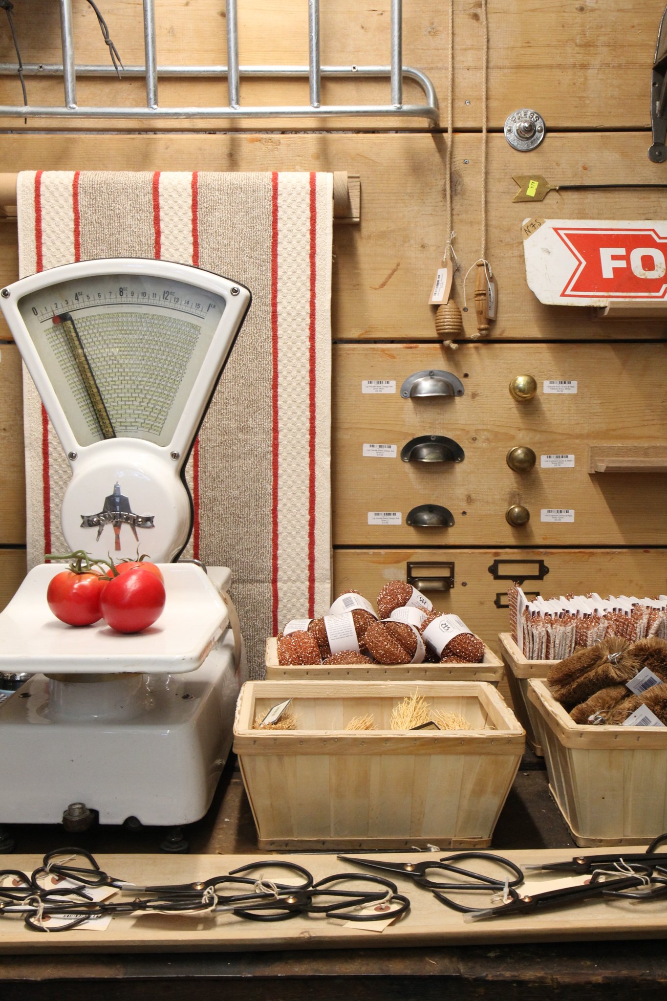 Retro scales and vintage cleaning products inside vintage interiors store Domestic Science