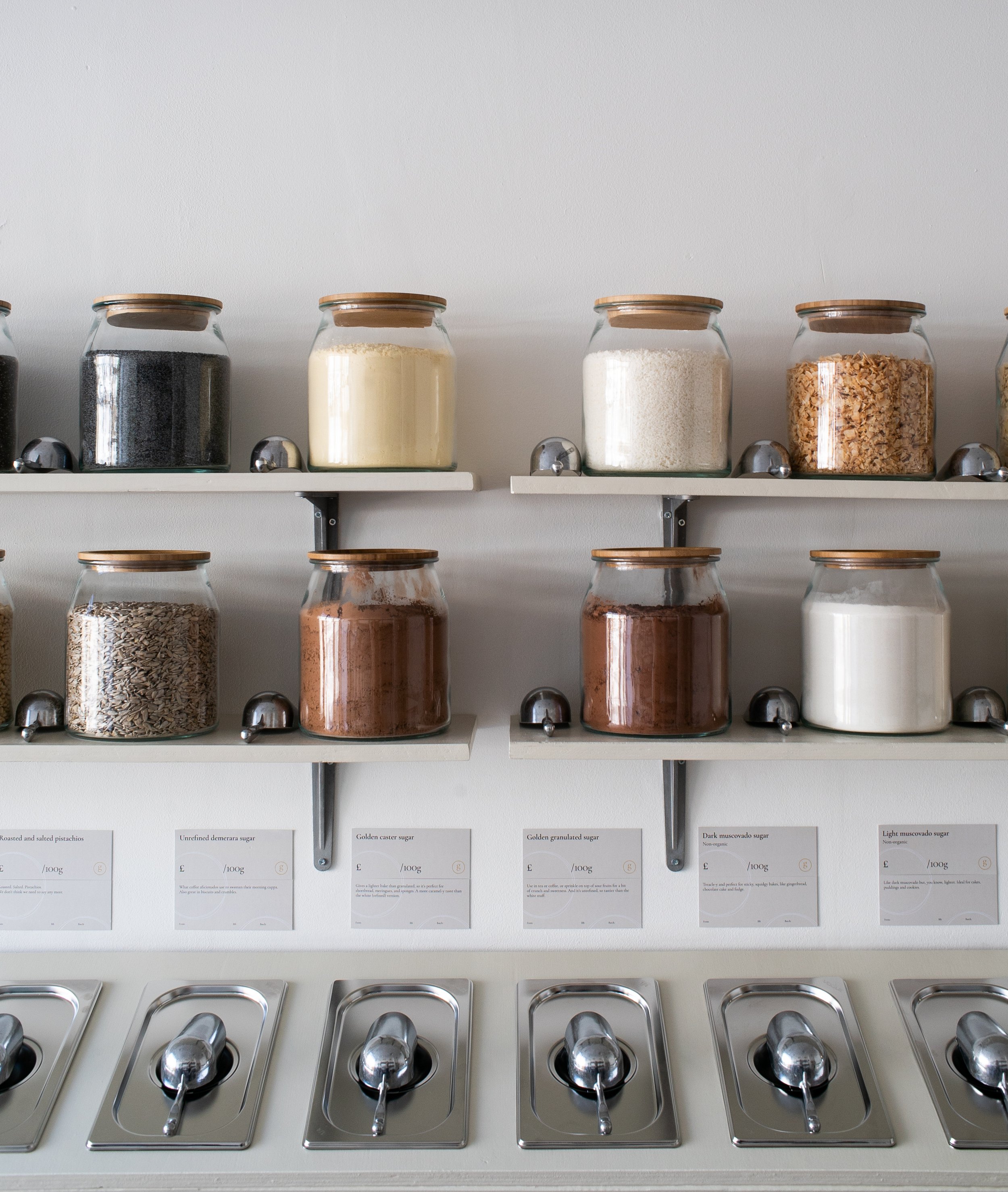 Food jars displayed in Gather, a zero waste store in London