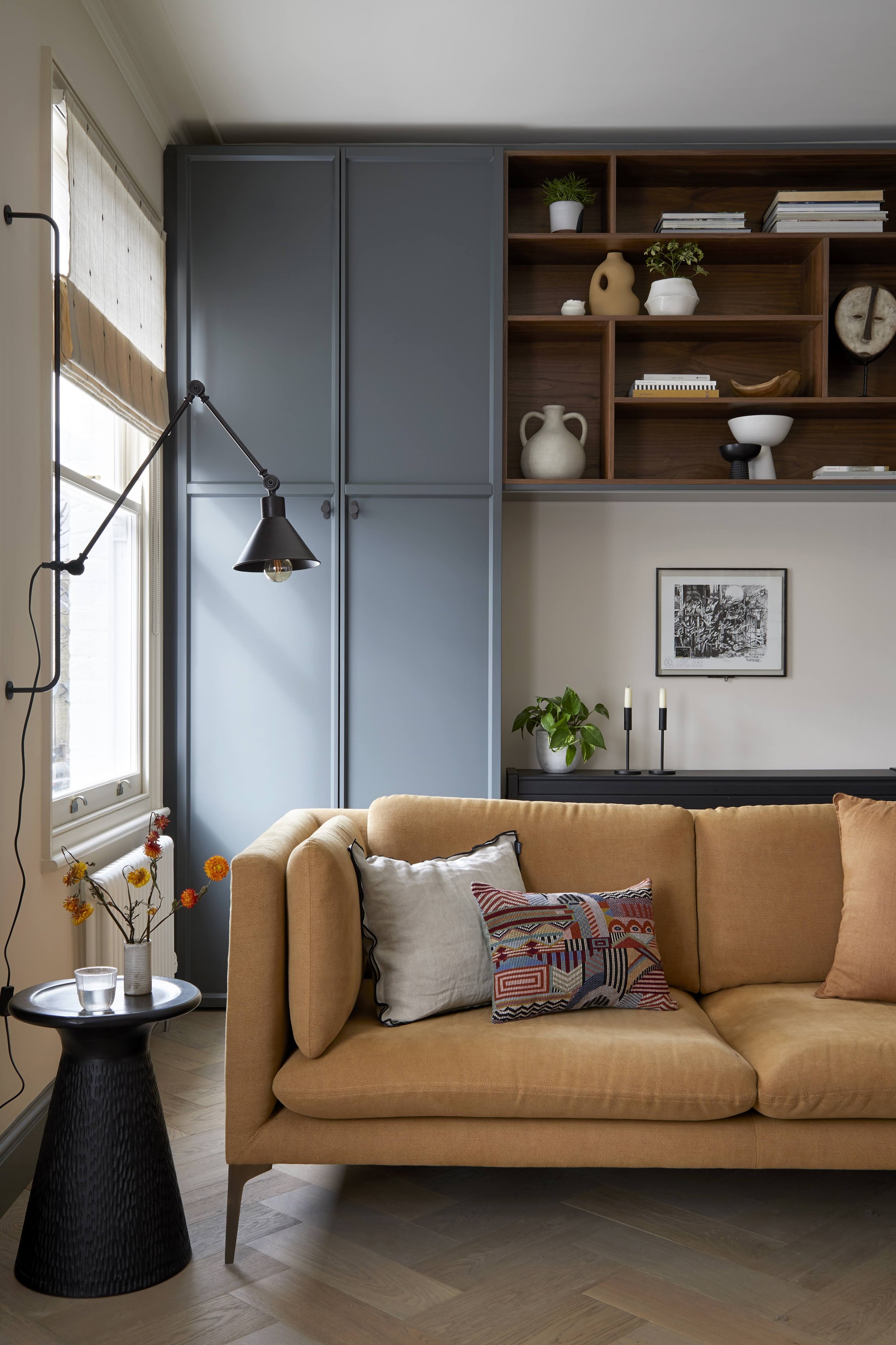 Cosy blue snug space with yellow sofa interior designer Andrew Griffiths of A NEW DAY