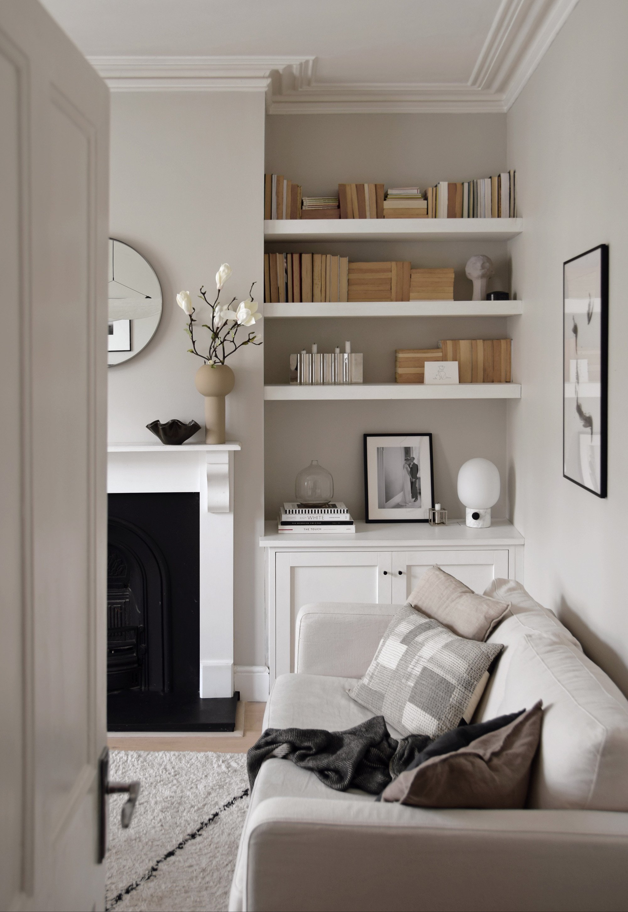 Minimal neutral living room inside the minimalist home of Abi Dare, of These Four Walls Blog