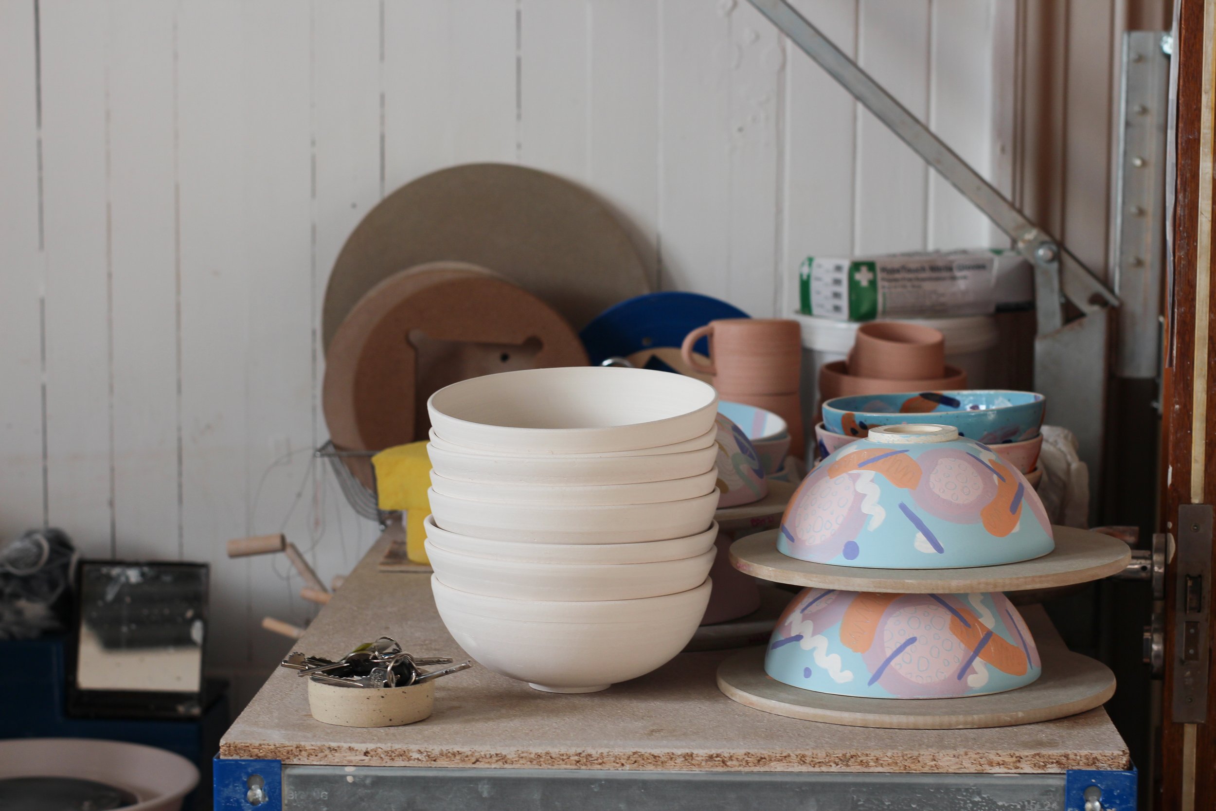 Handmade bowls inside the Scottish pottery studio of Glaswegian ceramicist Cath Maskell, Cath Pots