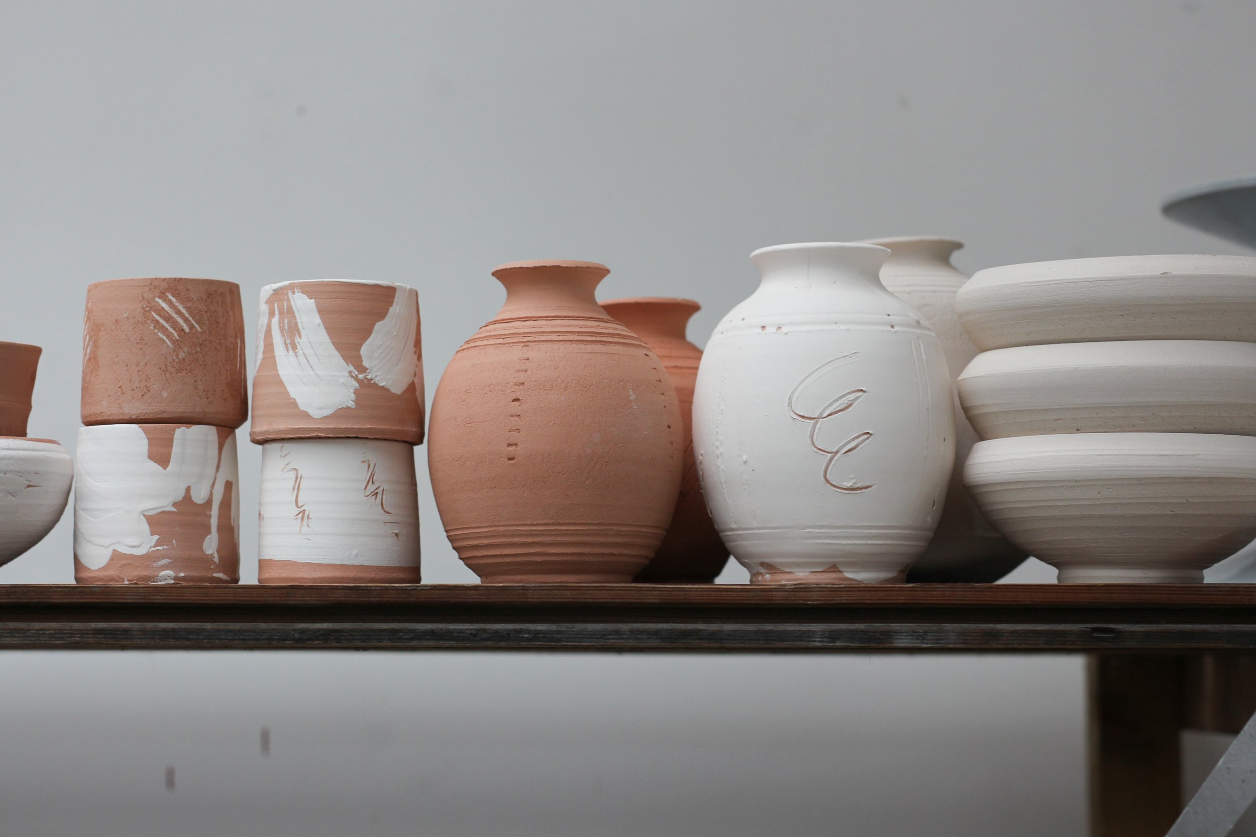 variety of pots made by British ceramicist Cath Maskell