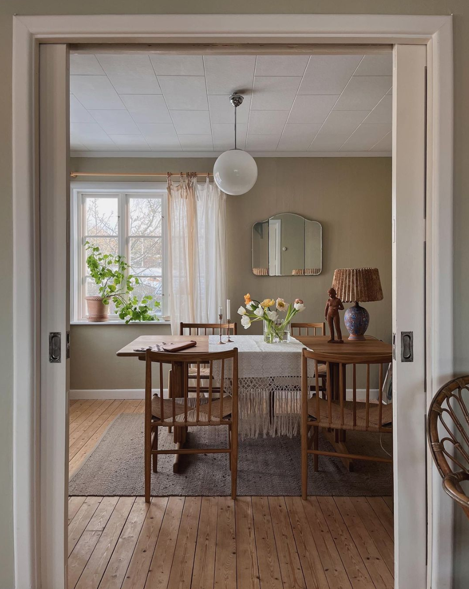 View into dining room in a Swedish home