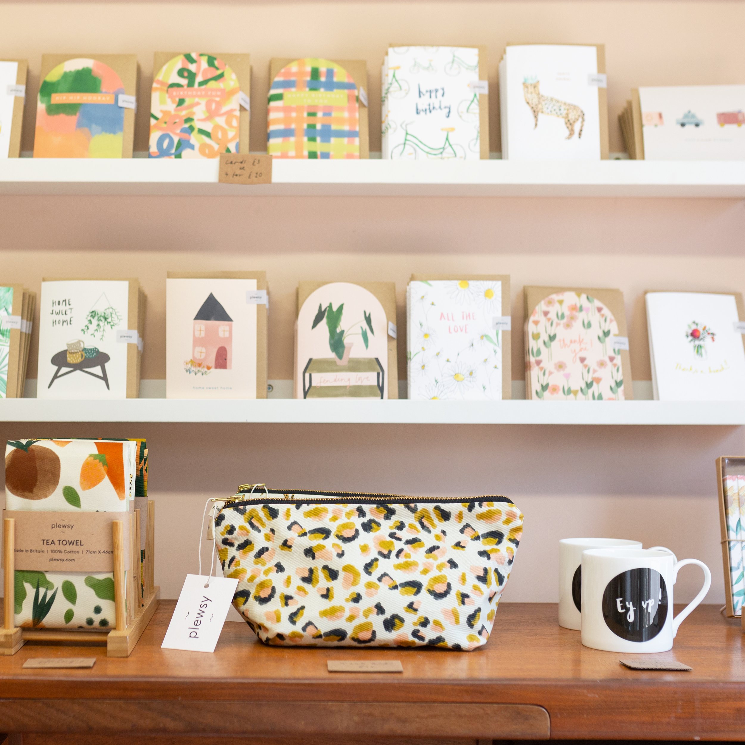 Greetings cards by Plwesy displayed on shelves