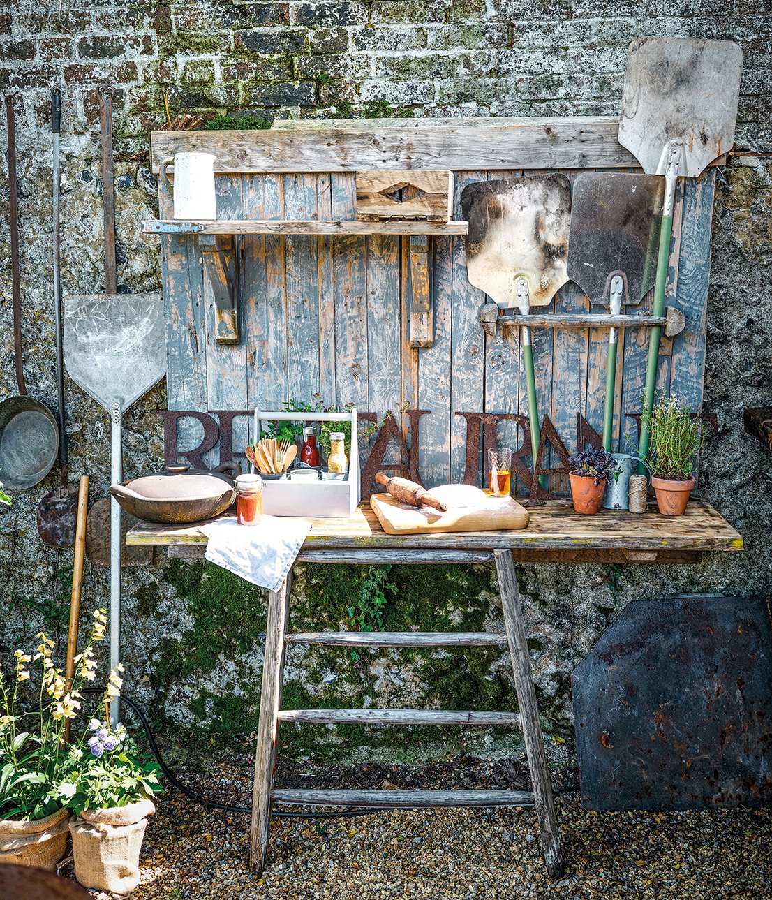 Rustic wooden potting bench