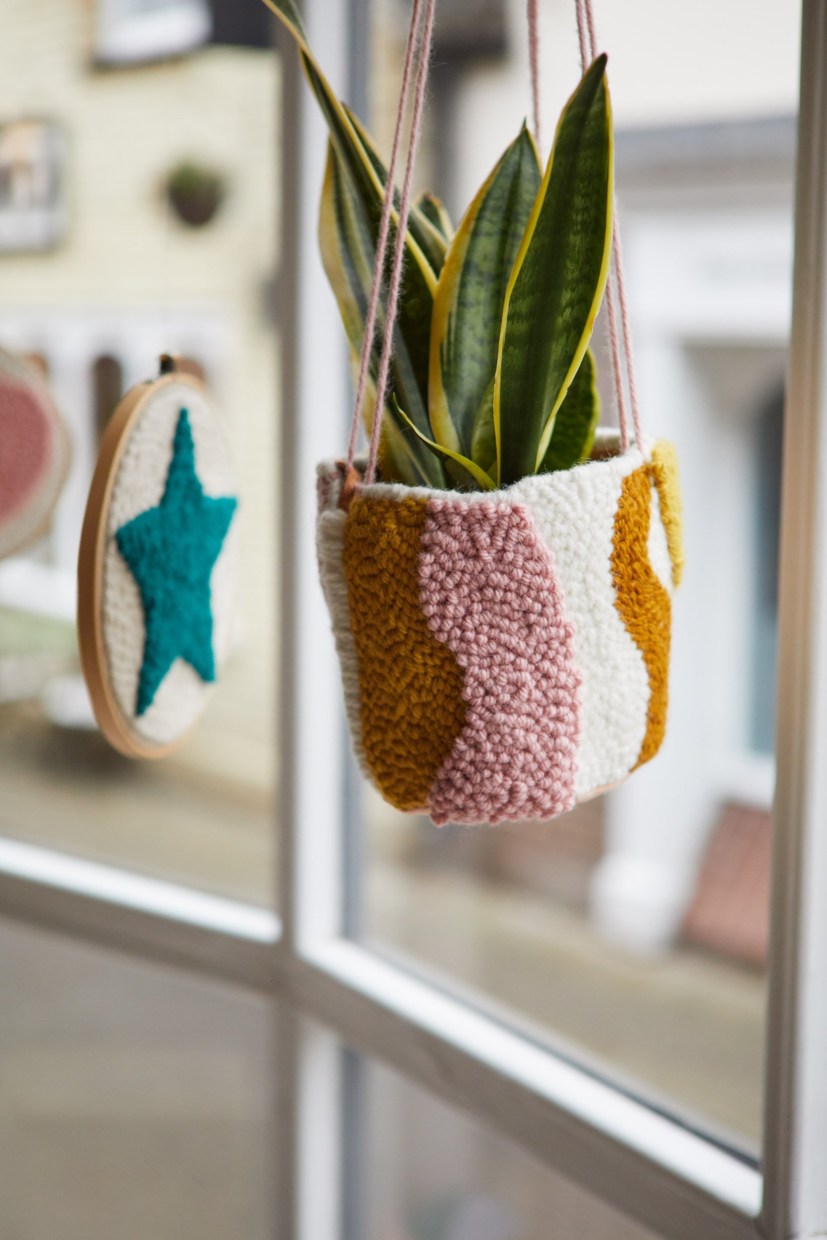 Punch needle hanging plant pot in The Modern Crafter store in Saffron Walden