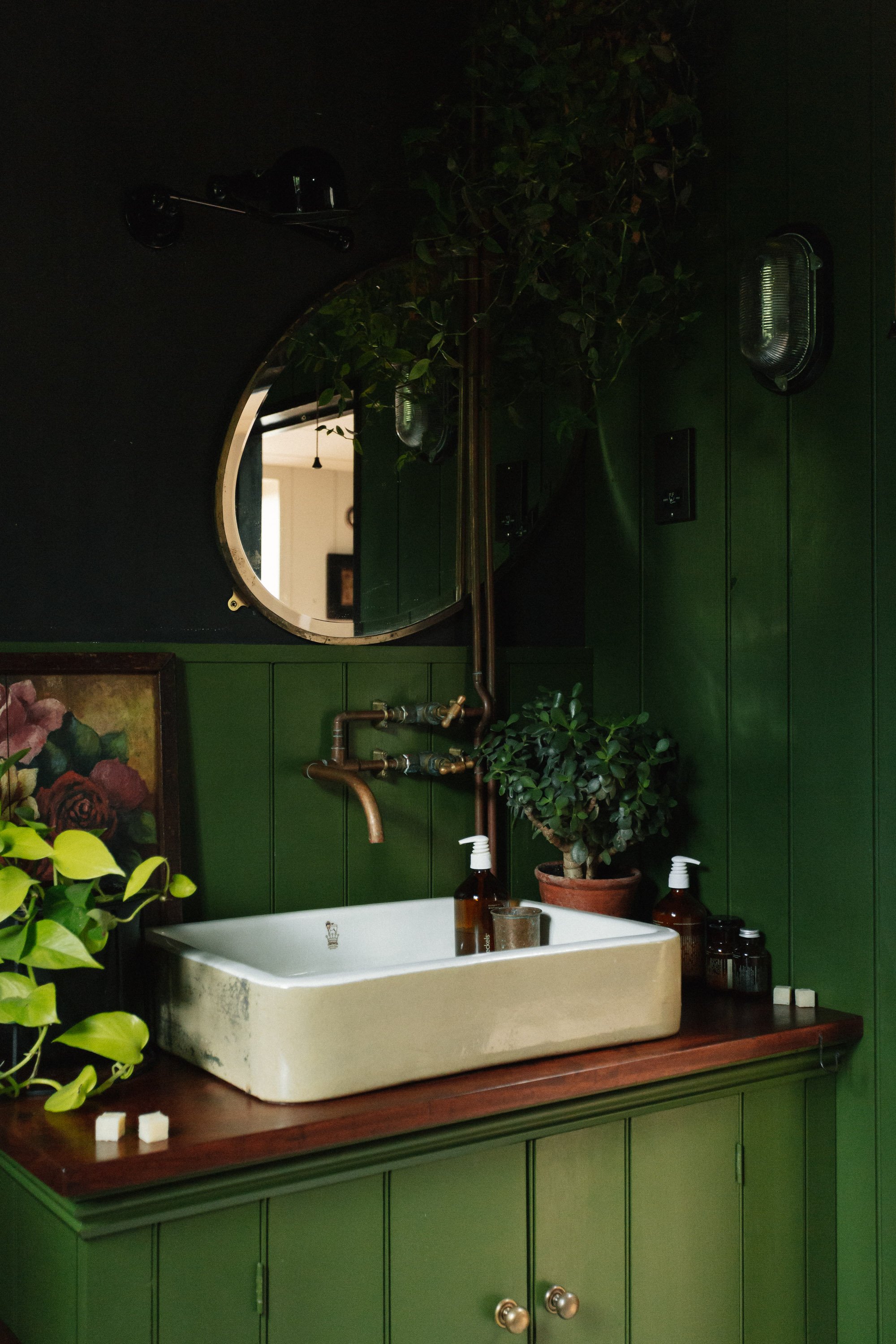 Bathroom sink area with dark green wood clad walls