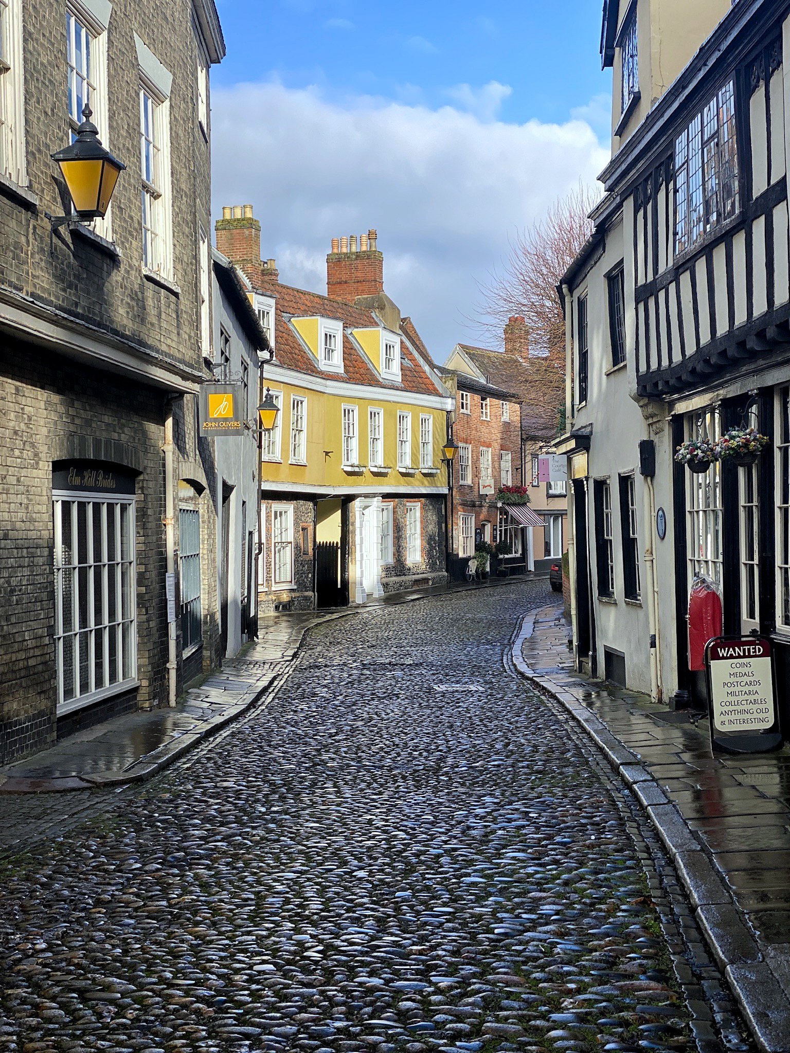 A cobbled historic street in the city of Norwich, Norfolk