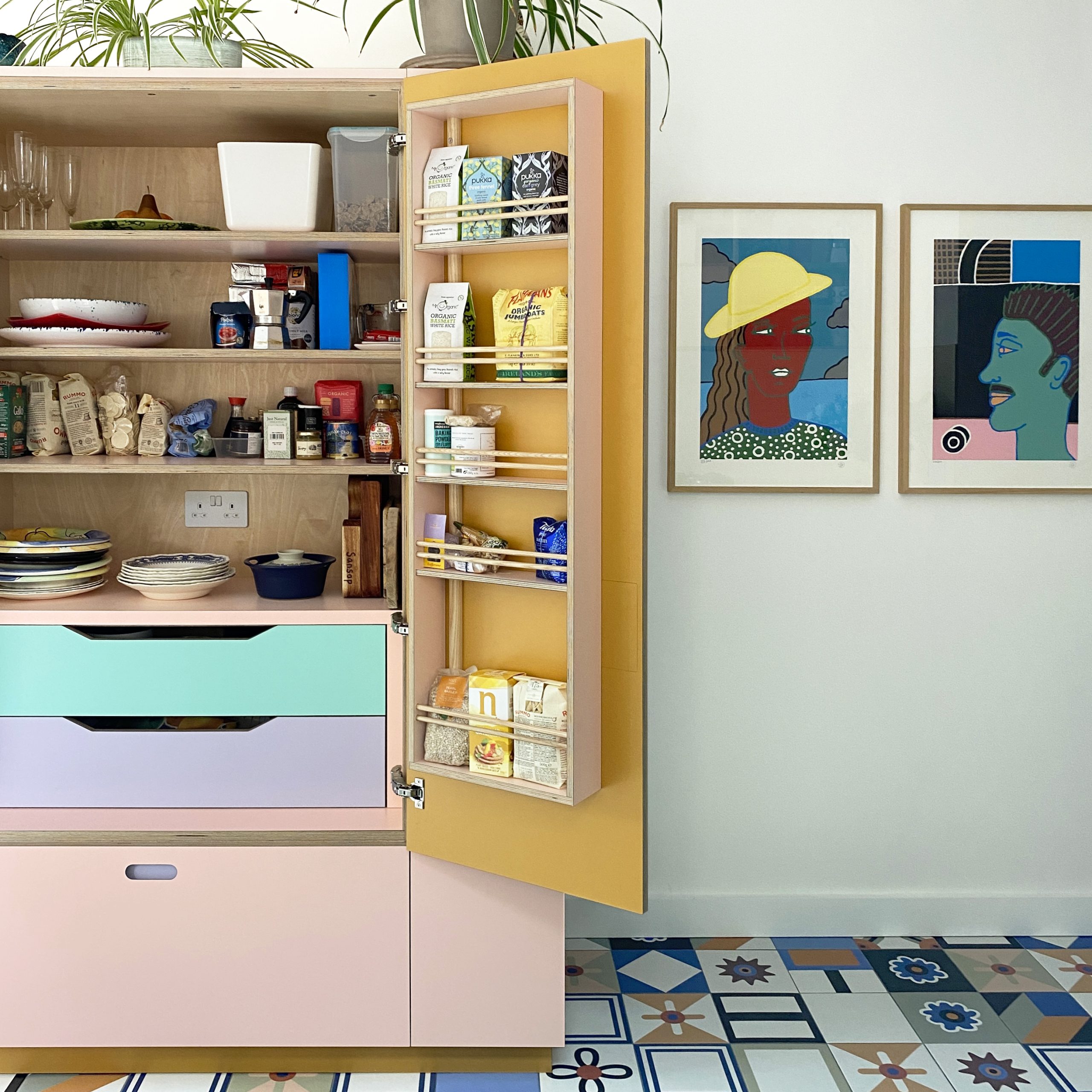 Pastel colourful pantry by independent kitchen designers Pluck