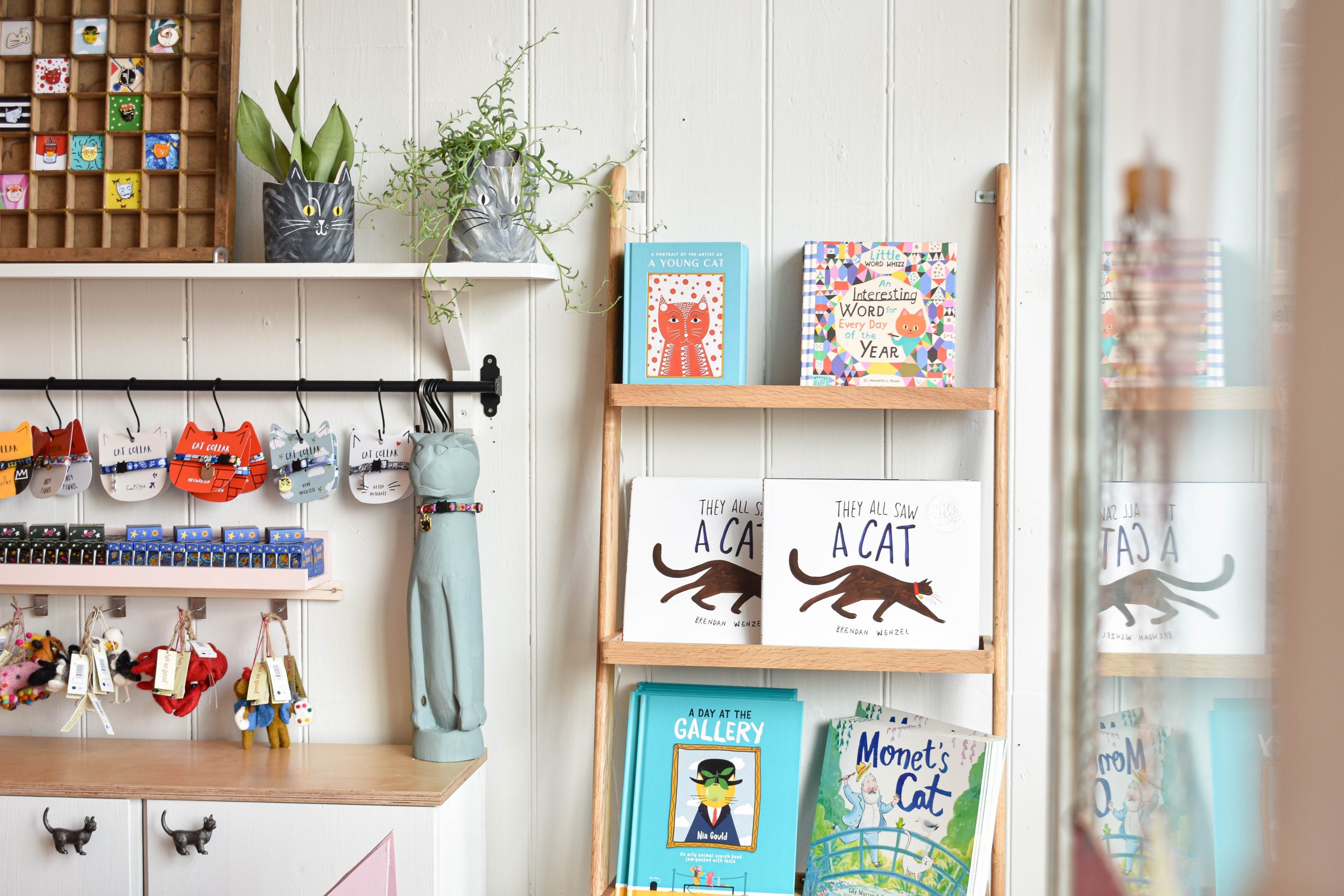 Cat prints and cards inside cat themed shop Niaski, an independent shop in Devon