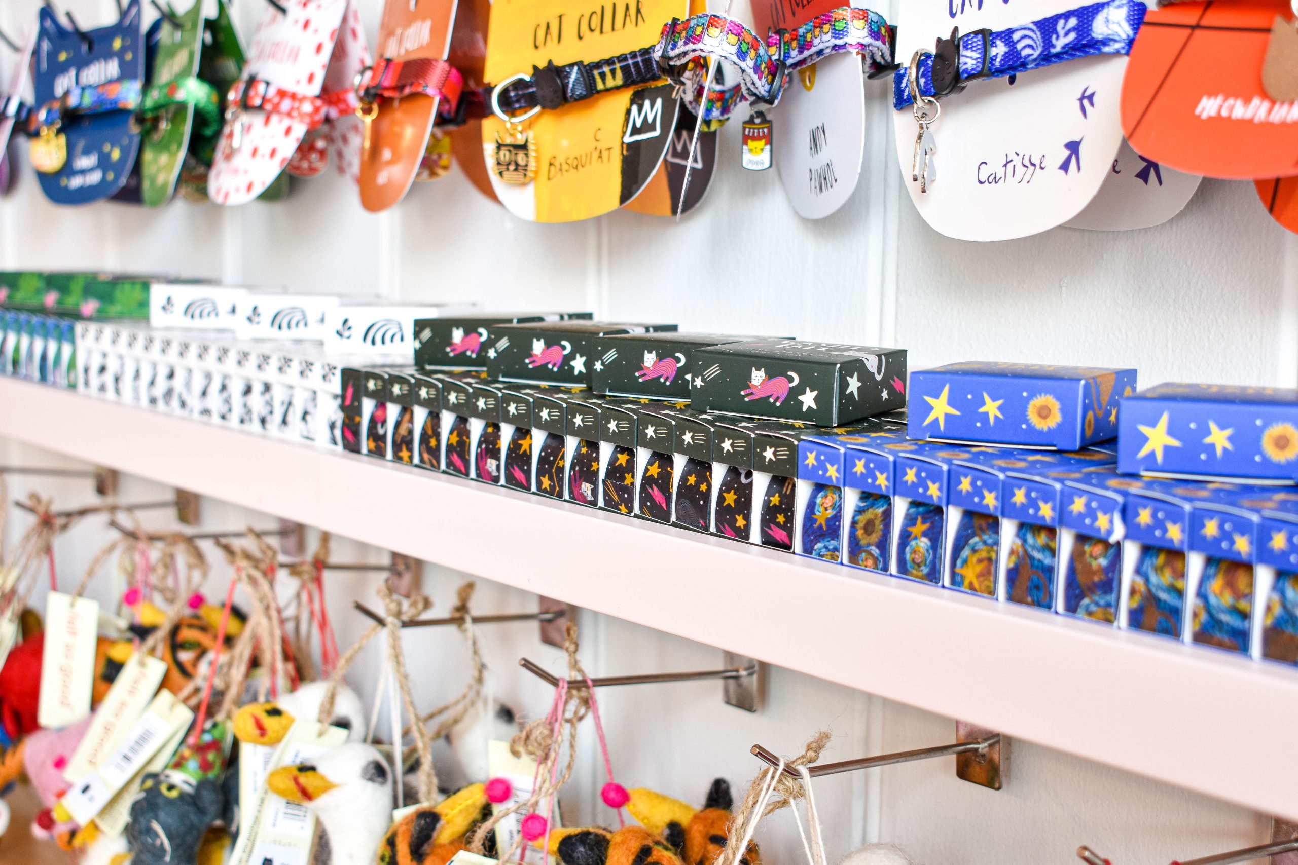 Cat collars and accessories inside cat themed shop Niaski, an independent shop in Devon