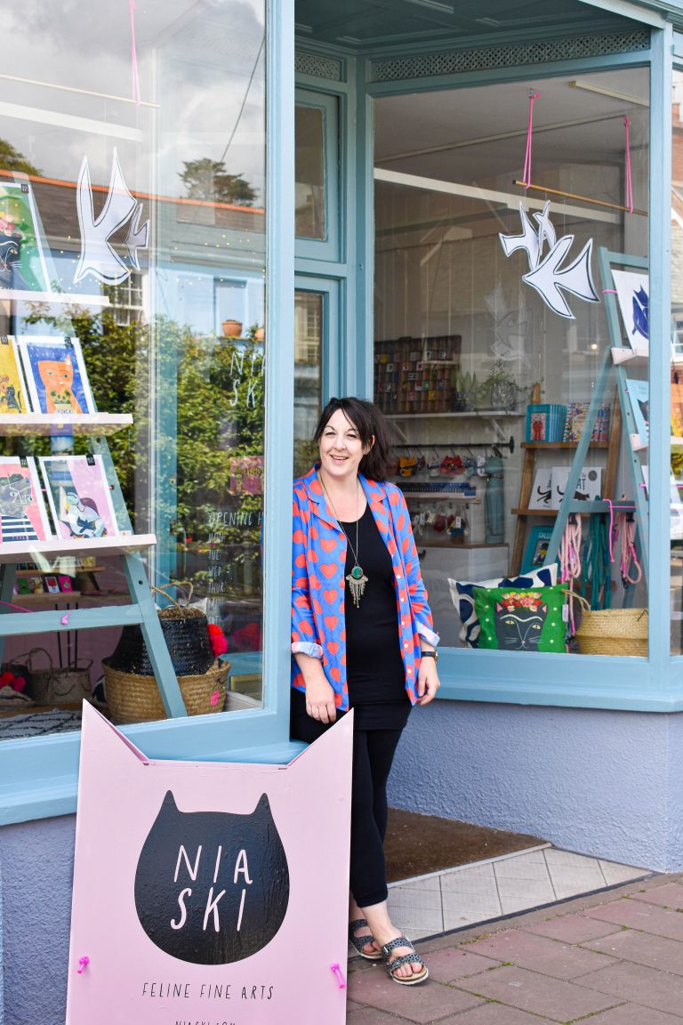 Owner Nia Gould outside cat themed shop Niaski, an independent shop in Devon