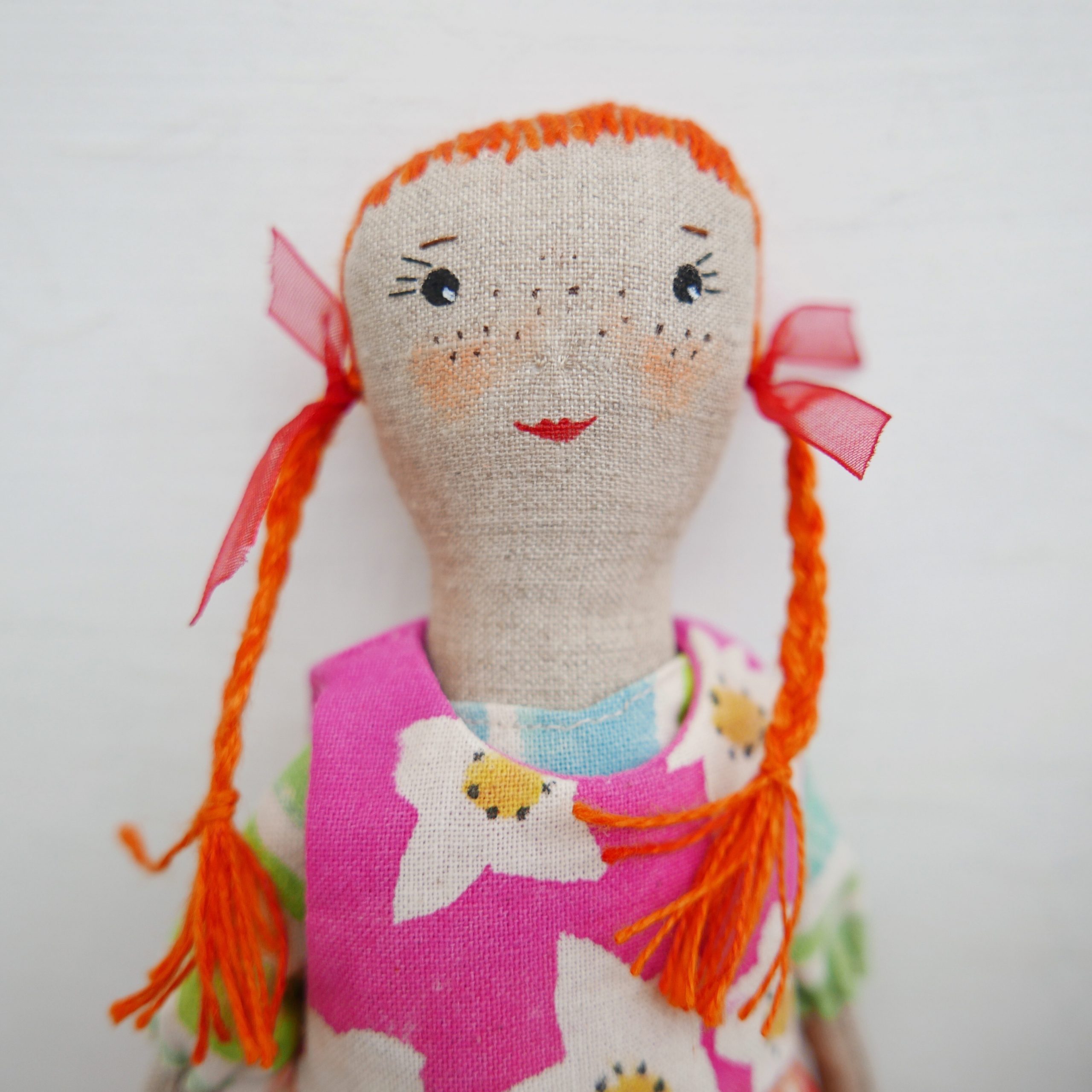 Handmade colourful red head doll with plaits by modflowers british maker