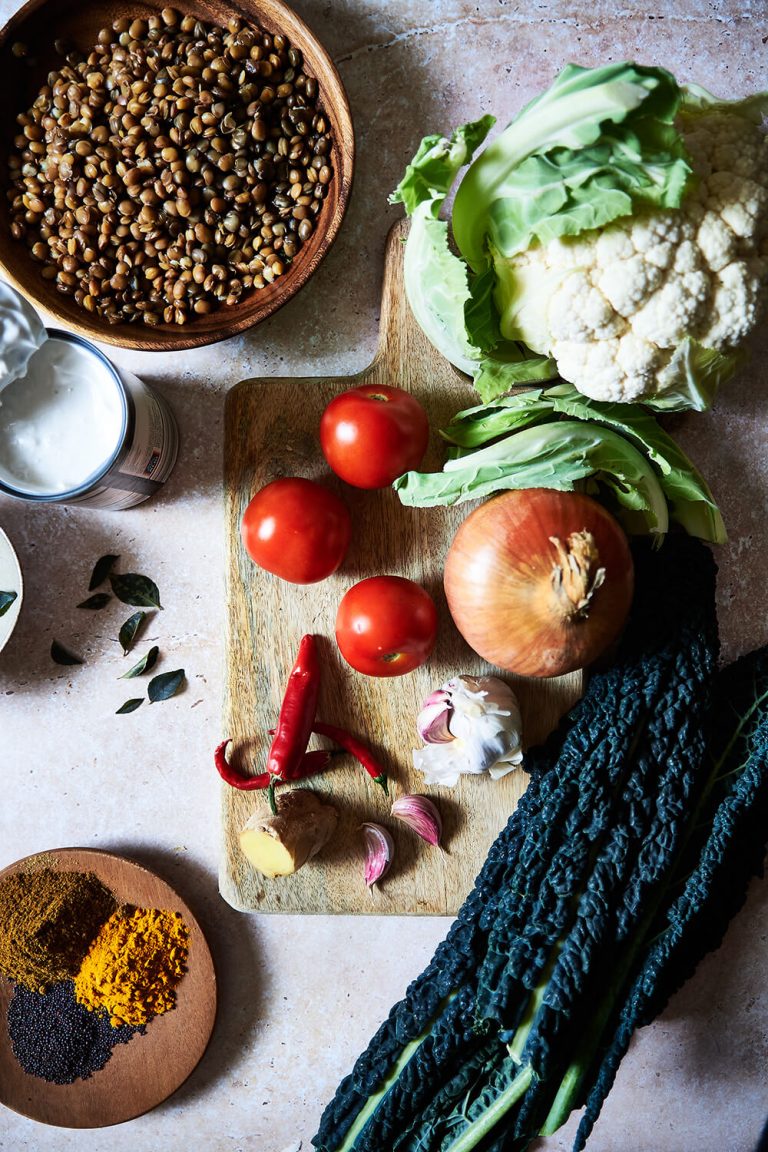 ingredients laid out to make a Cauliflower and lentil curry