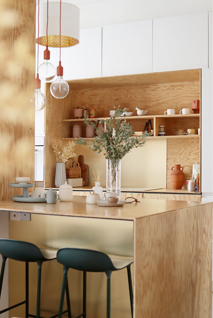 bespoke plywood kitchen with breakfast bar. Minimal decor with lots of storage. 