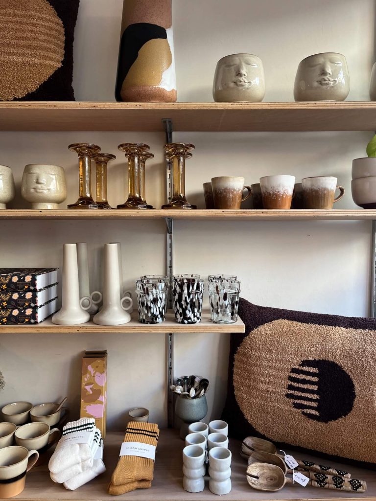 shelving displaying natural coloured homewares and objects in Crystal Palace lifestyle store Elkins
