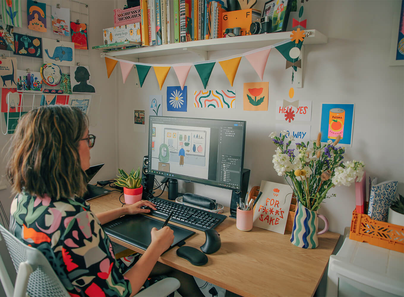Illustrator and maker Taaryn Brench's designing inside her colourful studio