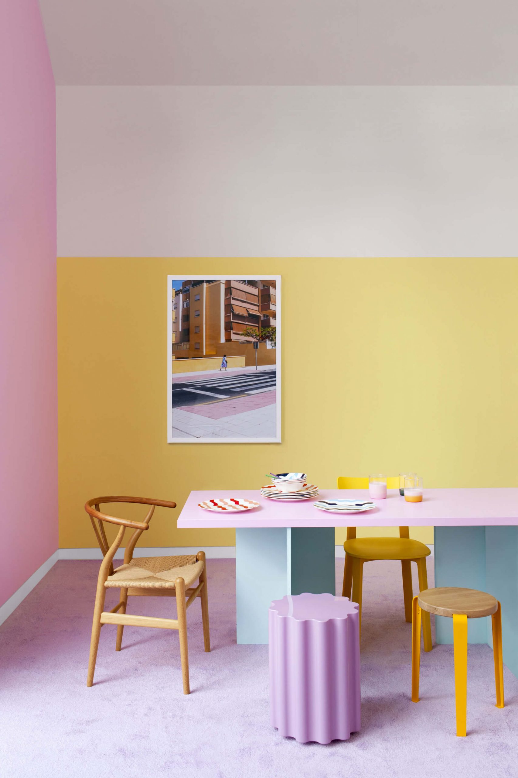 Pastel yellow, lilac and pink dining space using contemporary paint company YesColours