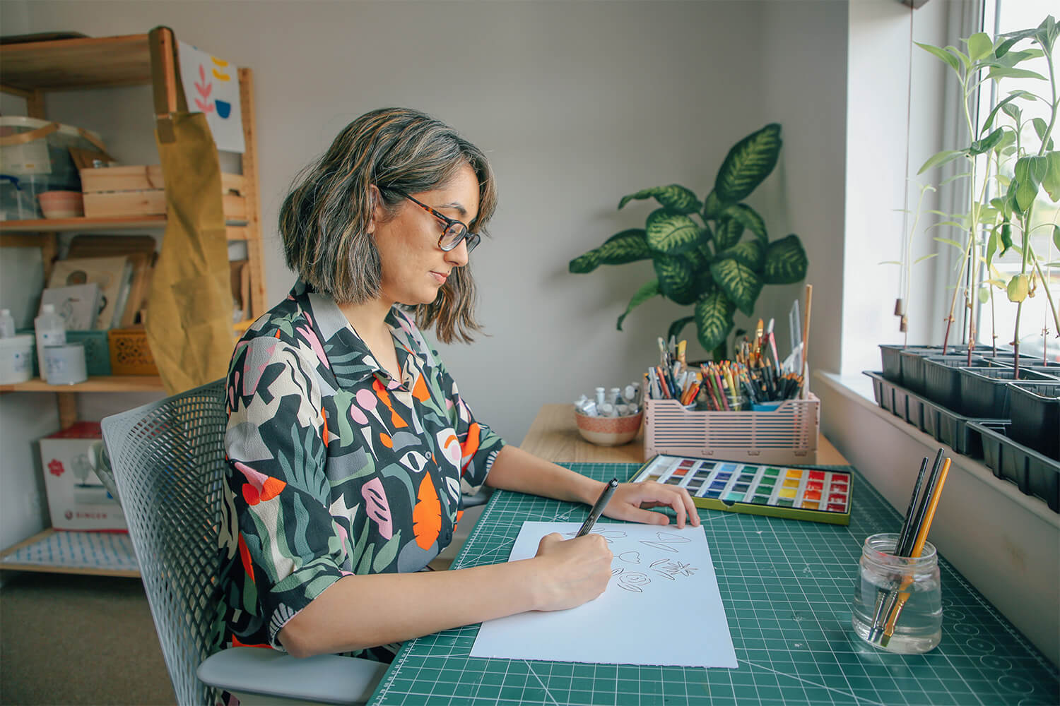 Illustrator and maker Taaryn Brench's designing inside her colourful studio