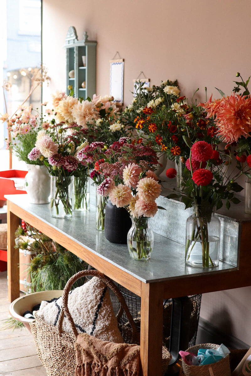 Dahlias and fresh flowers inside independent flower shop Hedge, Birmingham
