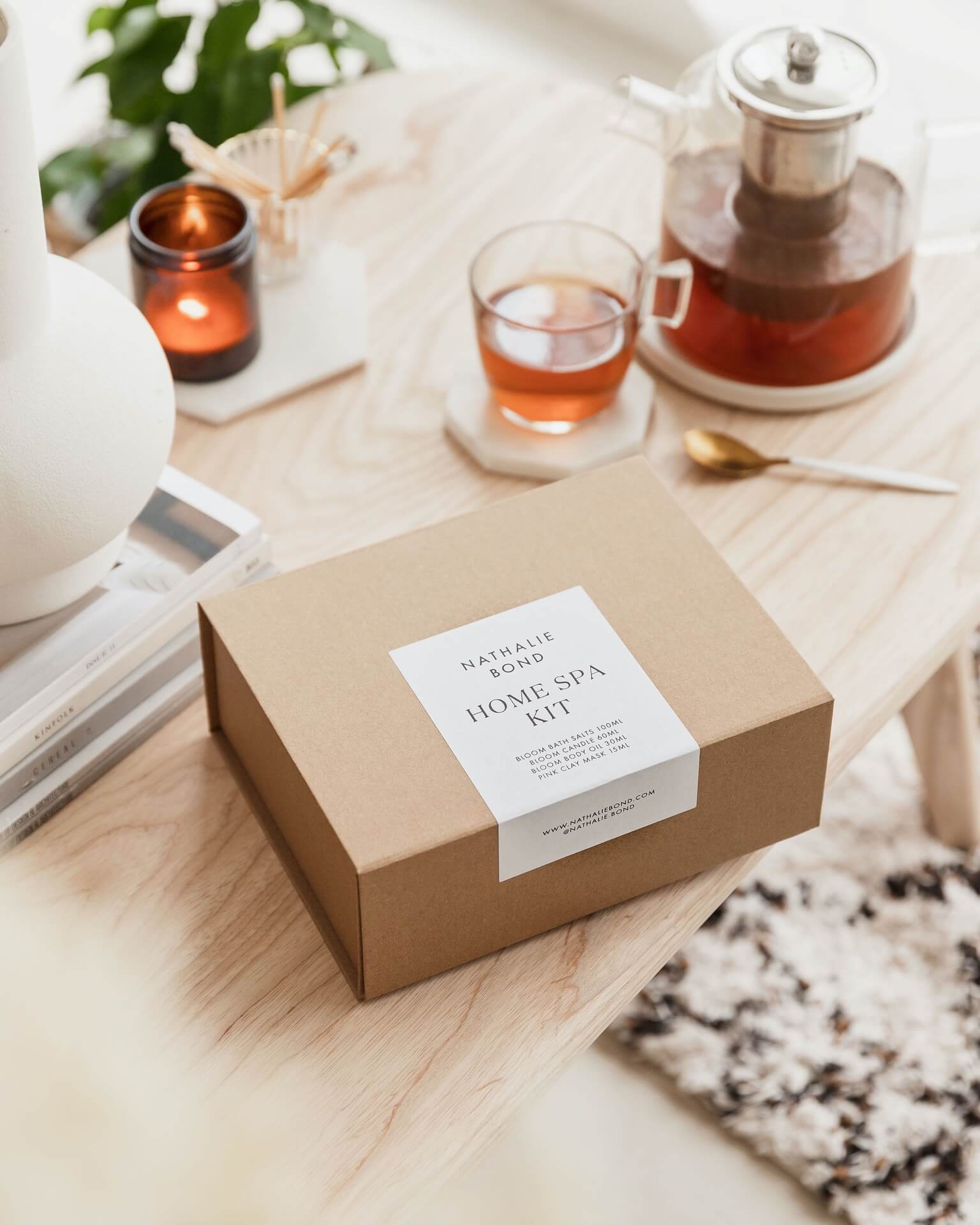 A gift box for an at home spa by natural skincare brand Nathalie Bond. 