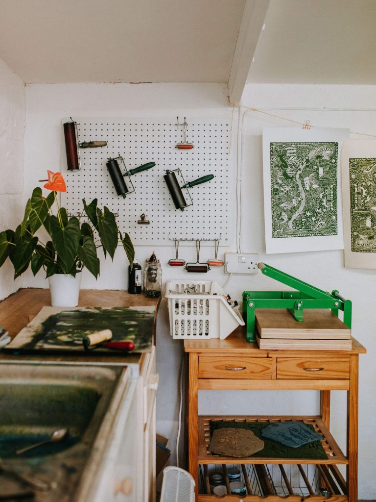 Linoprints and materials in Nicole Purdie of Prints By The Bay's Dorset studio