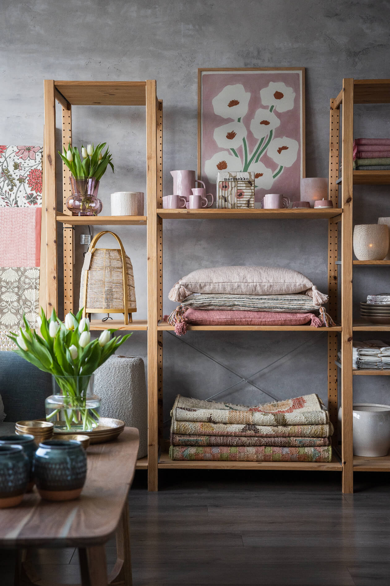 Floral print, cushions and interiors Wooden furniture and interiors inside Portstewart homewares store A Broader Picture