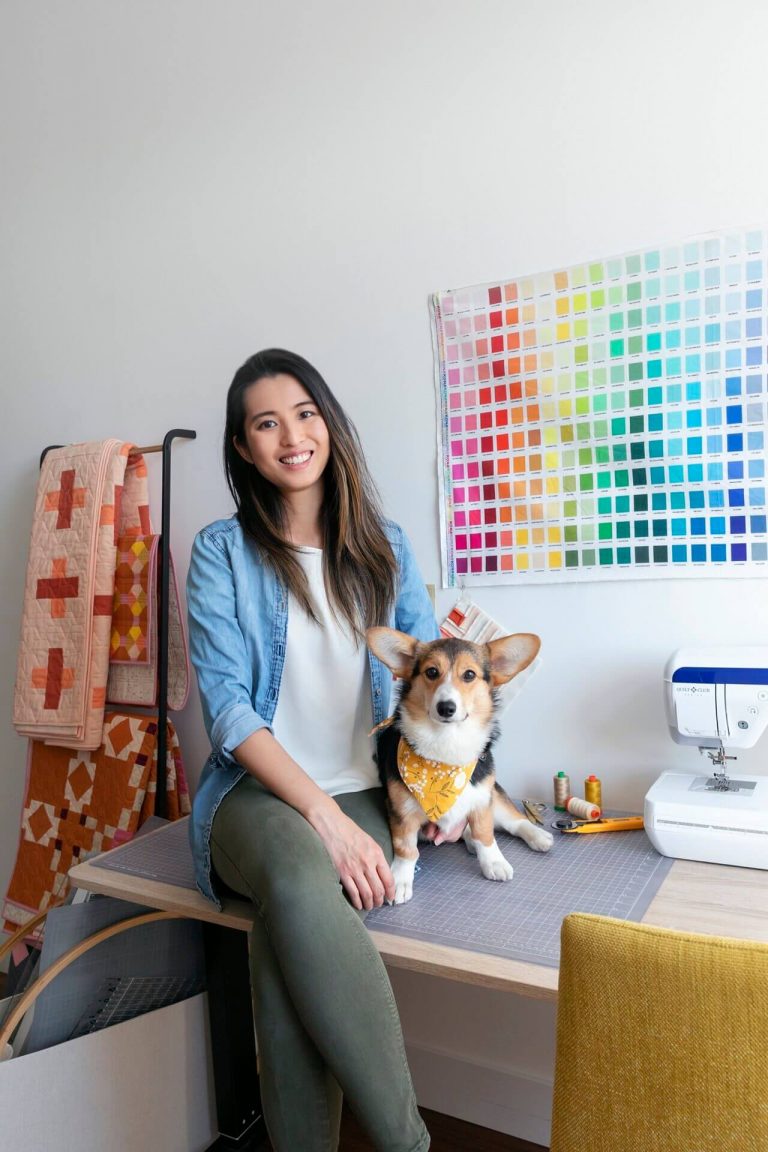 The Weekend Quilter Wendy Chow with dog Truffle in her New York studio