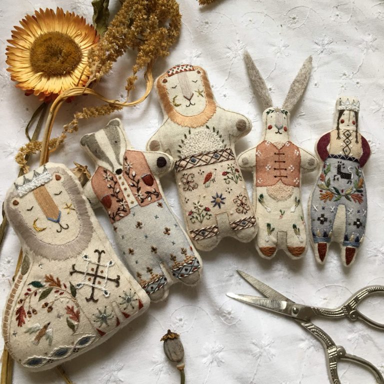Folk inspired embroidered animals inside the bohemian studio of British illustrator and embroiderer Megan Ivy Griffiths