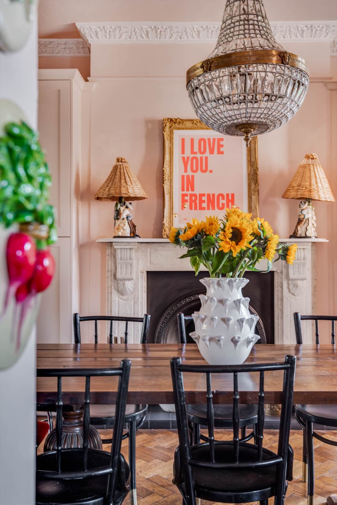 I love you, in French print in dining room of designer and founder of Studio Nelly, Louise McCabe
