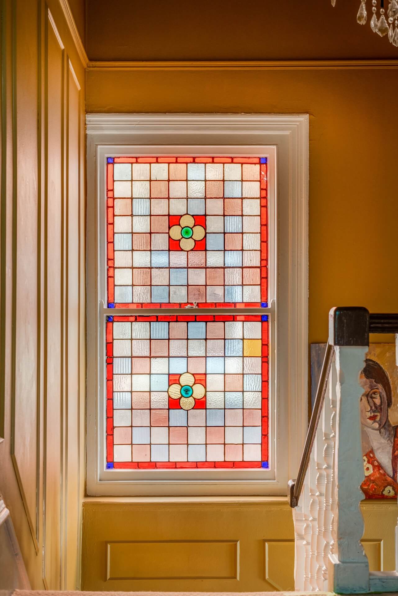 Stained glass window in stair well 