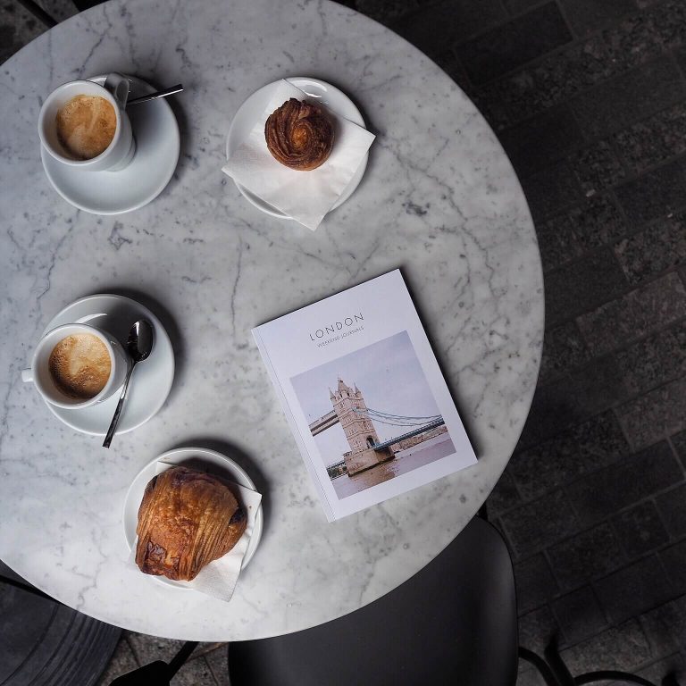Weekend Journals guide to London on a table with coffees and pastries
