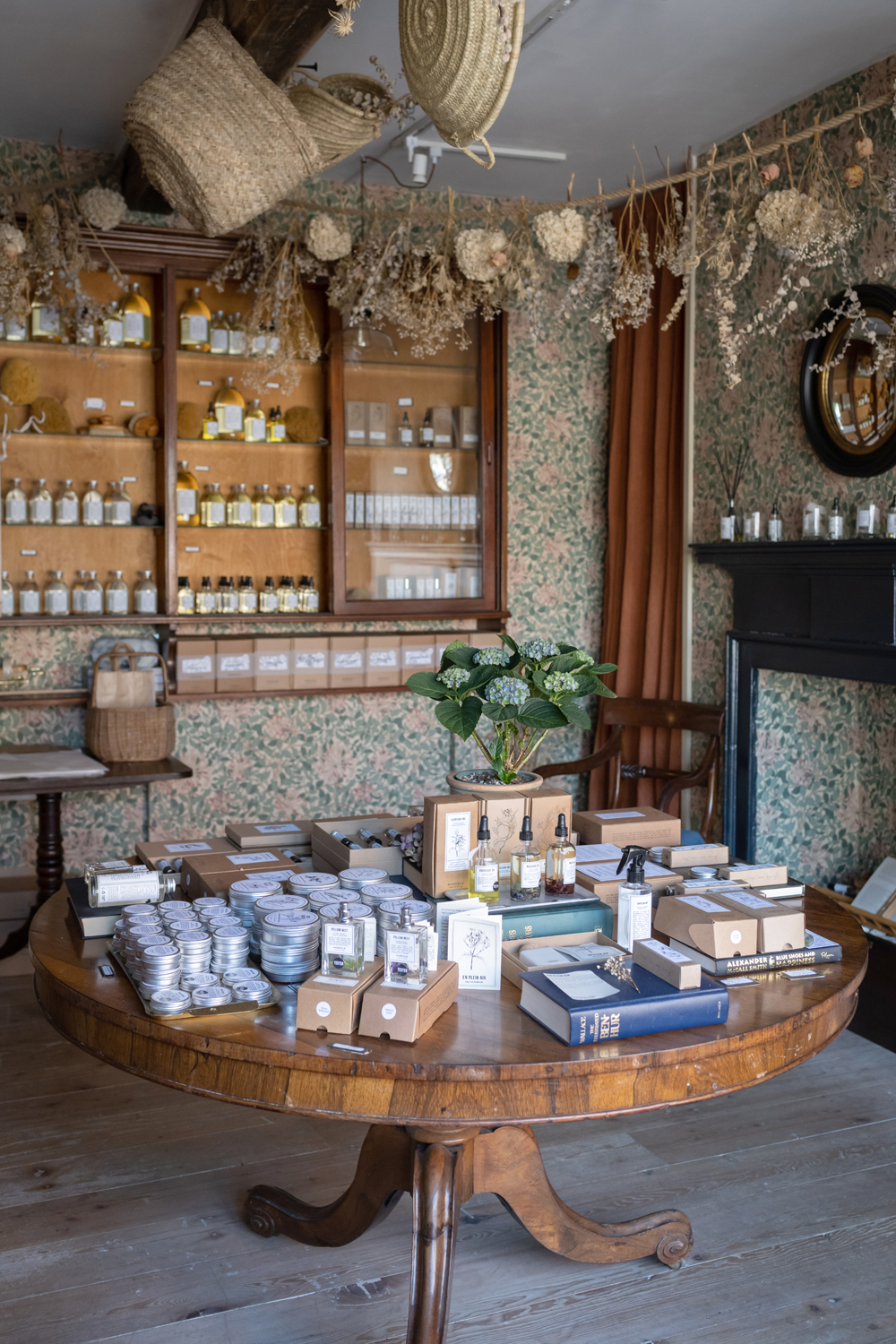 British made fragrance inside apothecary cabinets in Norfolk Natural Living's Perfumery shop, Holt, Norfolk