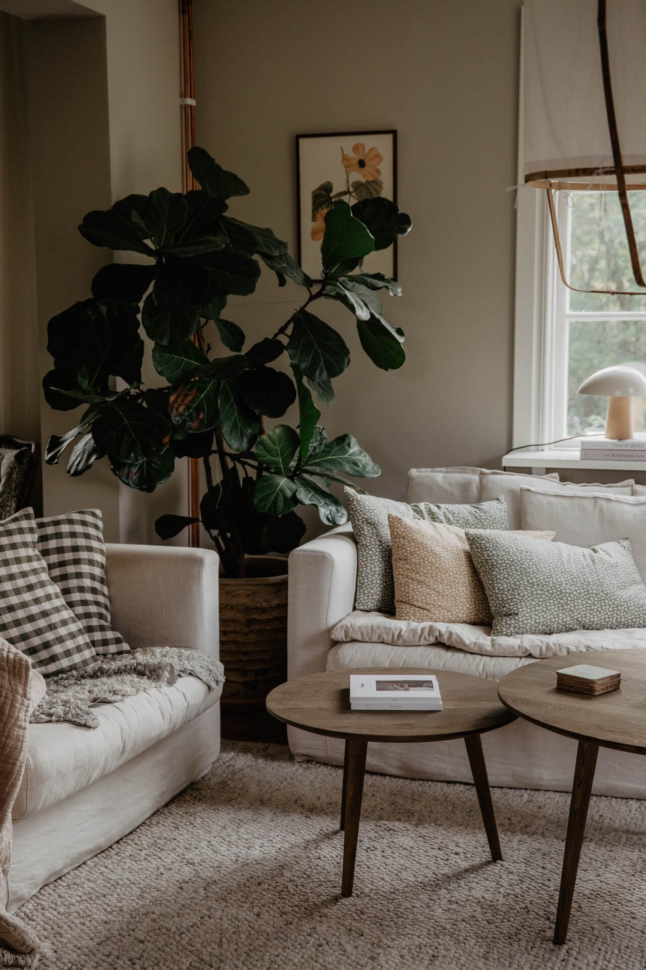 Emelie Sundberg home tour - interior of Swedish home - cosy living room with large fiddle leaf fig plant