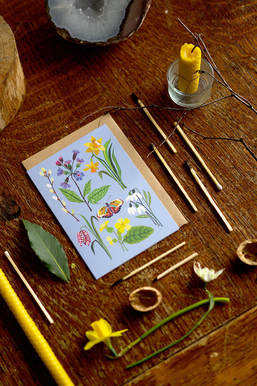 Spring plant print card inside British illustrator Brie Harrison's wooden studio