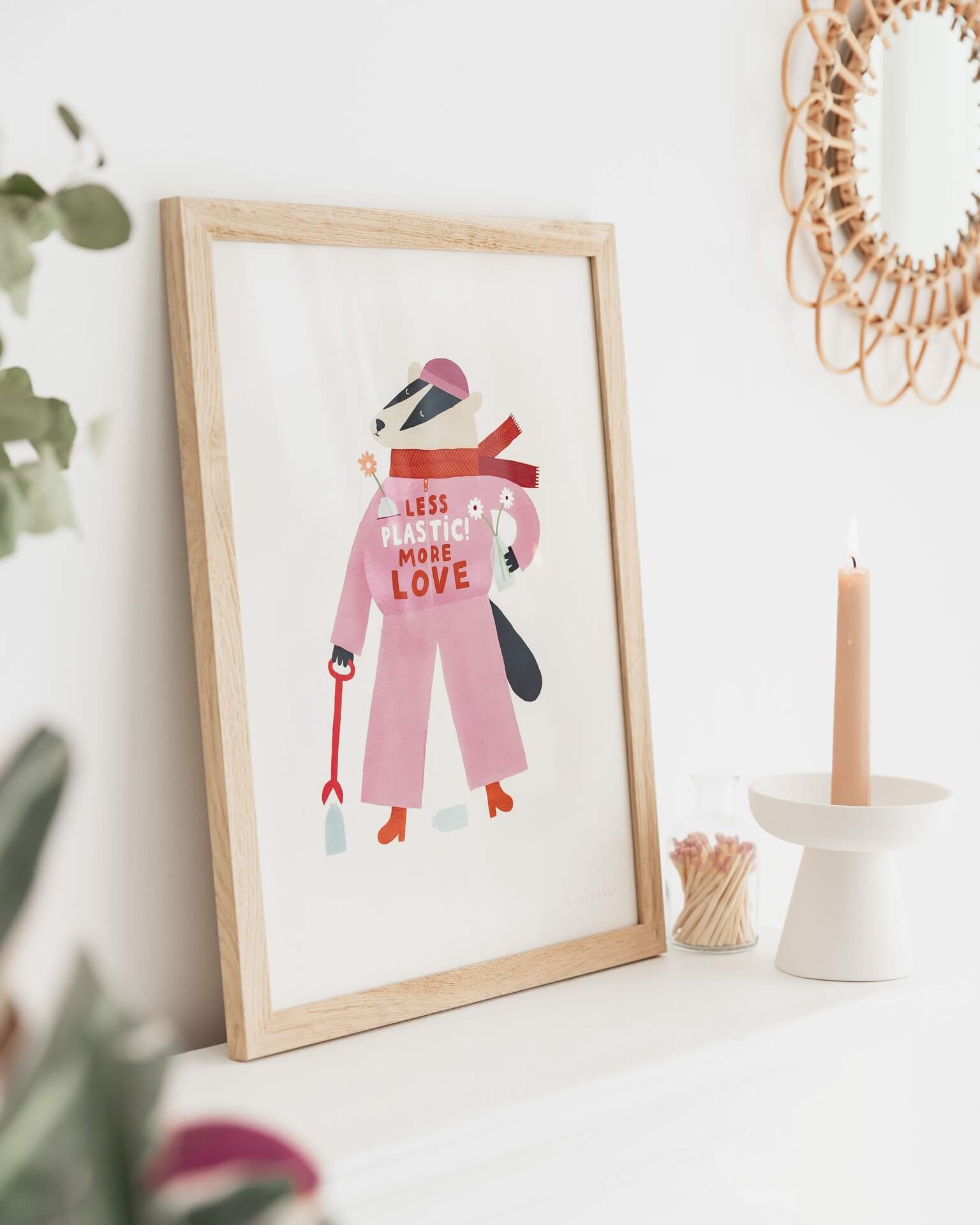 illustrated art print of a badger wearing pink by Minibeau.