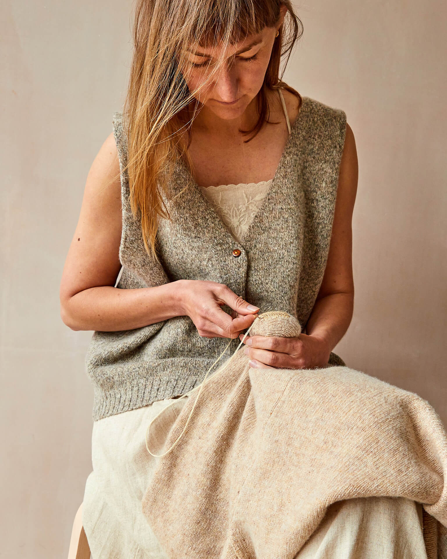 Rose Brown of Rove Knitwear with oatmeal wool jumper