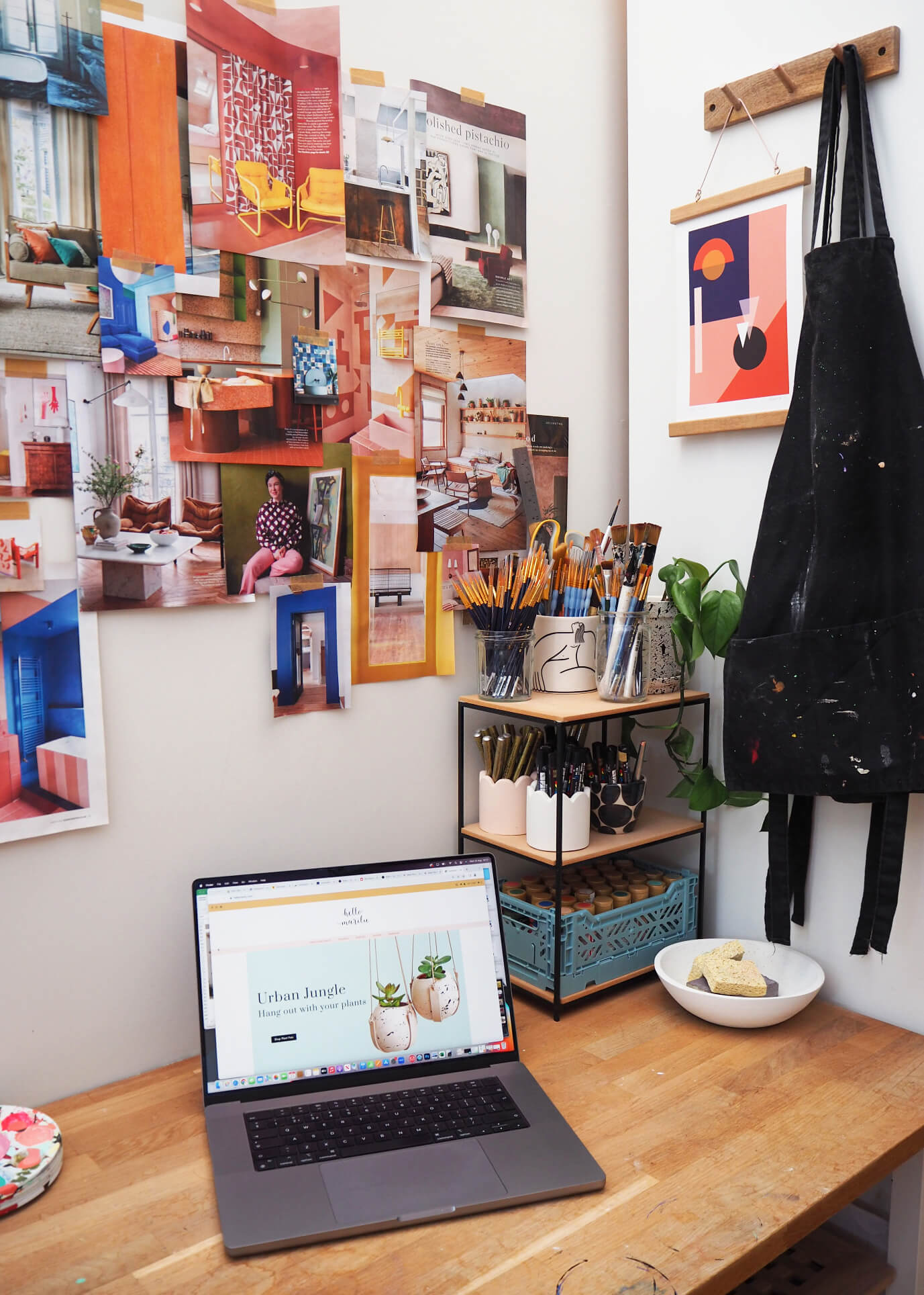 Colourful moodboard and desk inside independent maker Hello Marilu's home studio