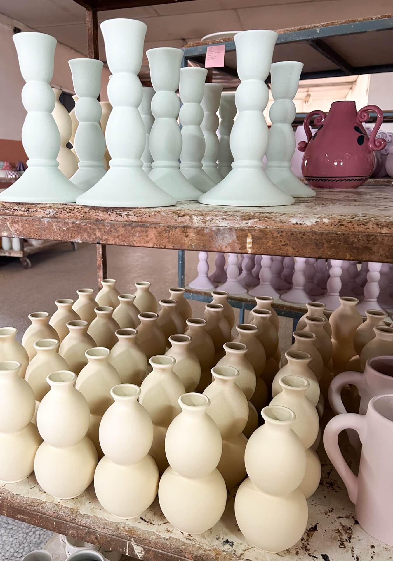 Colourful vintage antique style vases in process from independent UK contemporary homeware brand Vaisselle