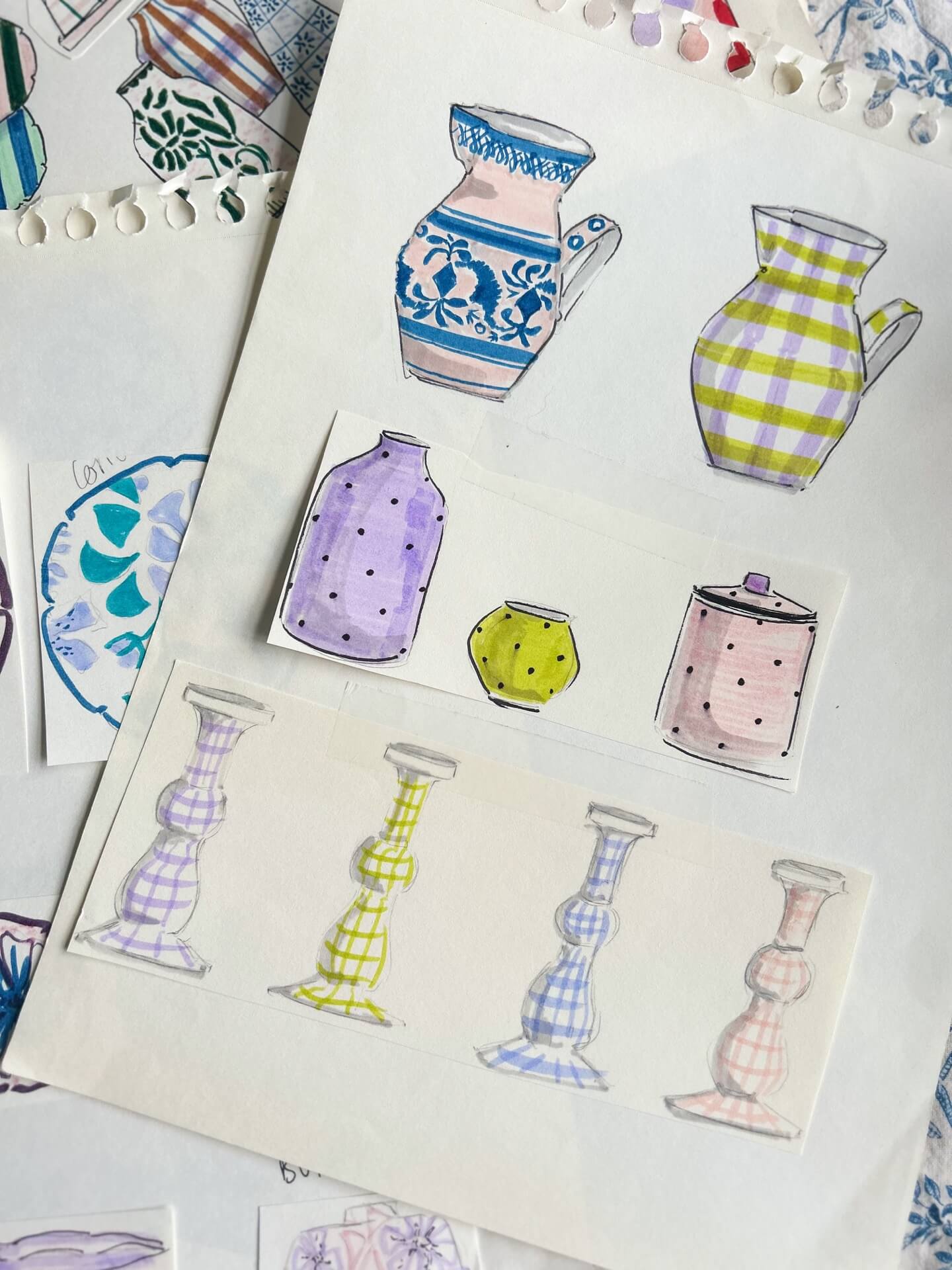 Colourful vintage antique style vase sketches from independent UK contemporary homeware brand Vaisselle