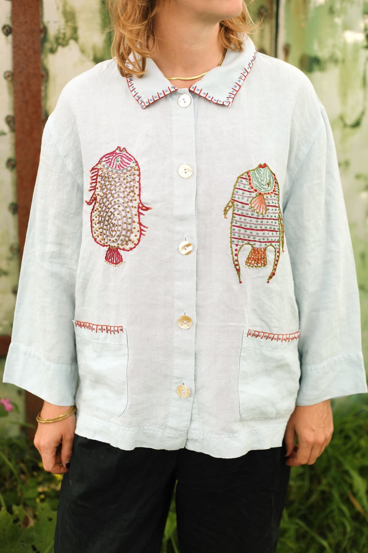 British illustrator Madeleine Kemsley's linen embroidery shirt